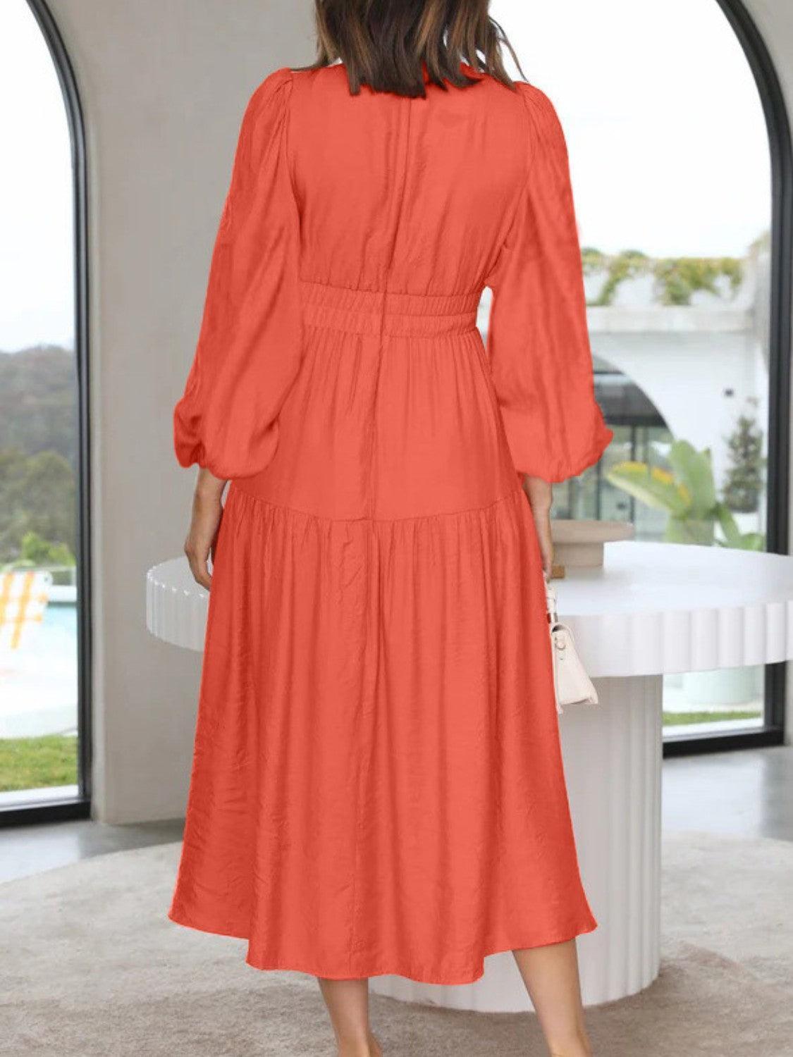 Deep V-Neck Balloon Sleeve Plain Maxi Dress - ClubOn