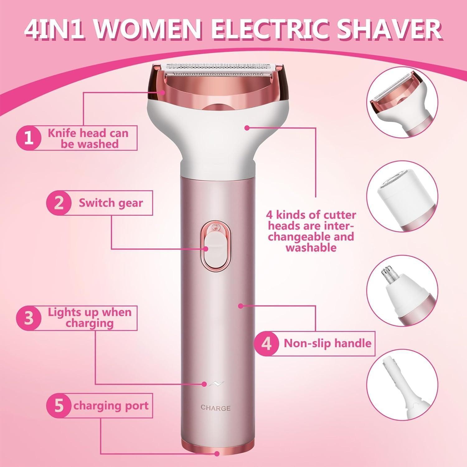 Electric Lady Shaver, 4-in-1 Women Razors for Shaving, Cordless & Rechargeable, Face, Legs, Underarm, Bikini Trimmer, Wet & Dry Hair Removal - ClubOn