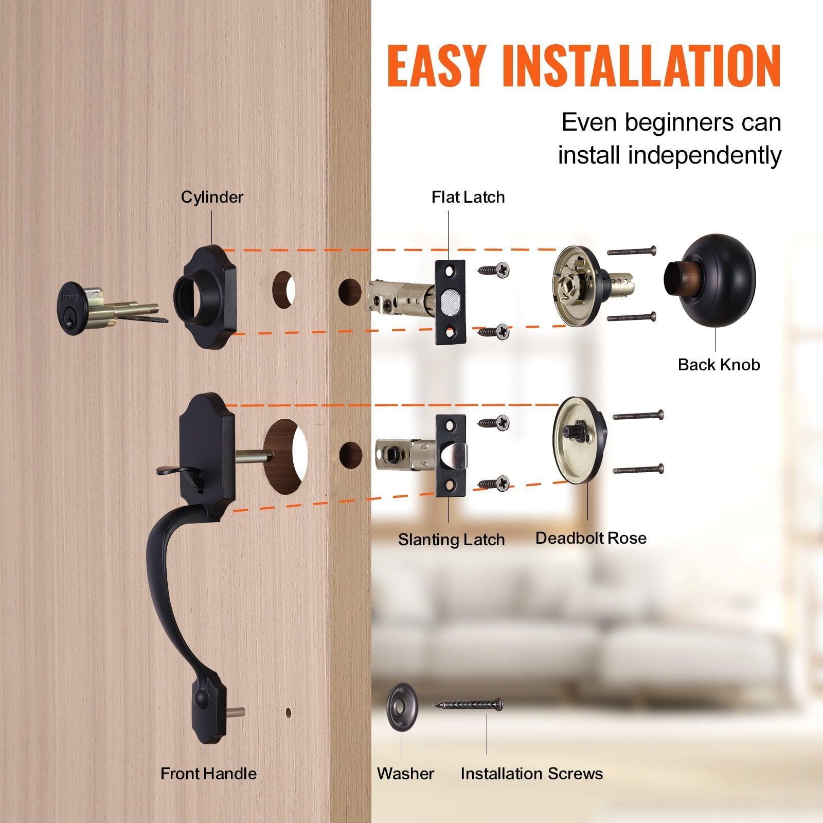 SKYSHALO Black Front Door Handle & Deadbolt Set, Reversible Knob, Modern Single Cylinder Lock - ClubOn