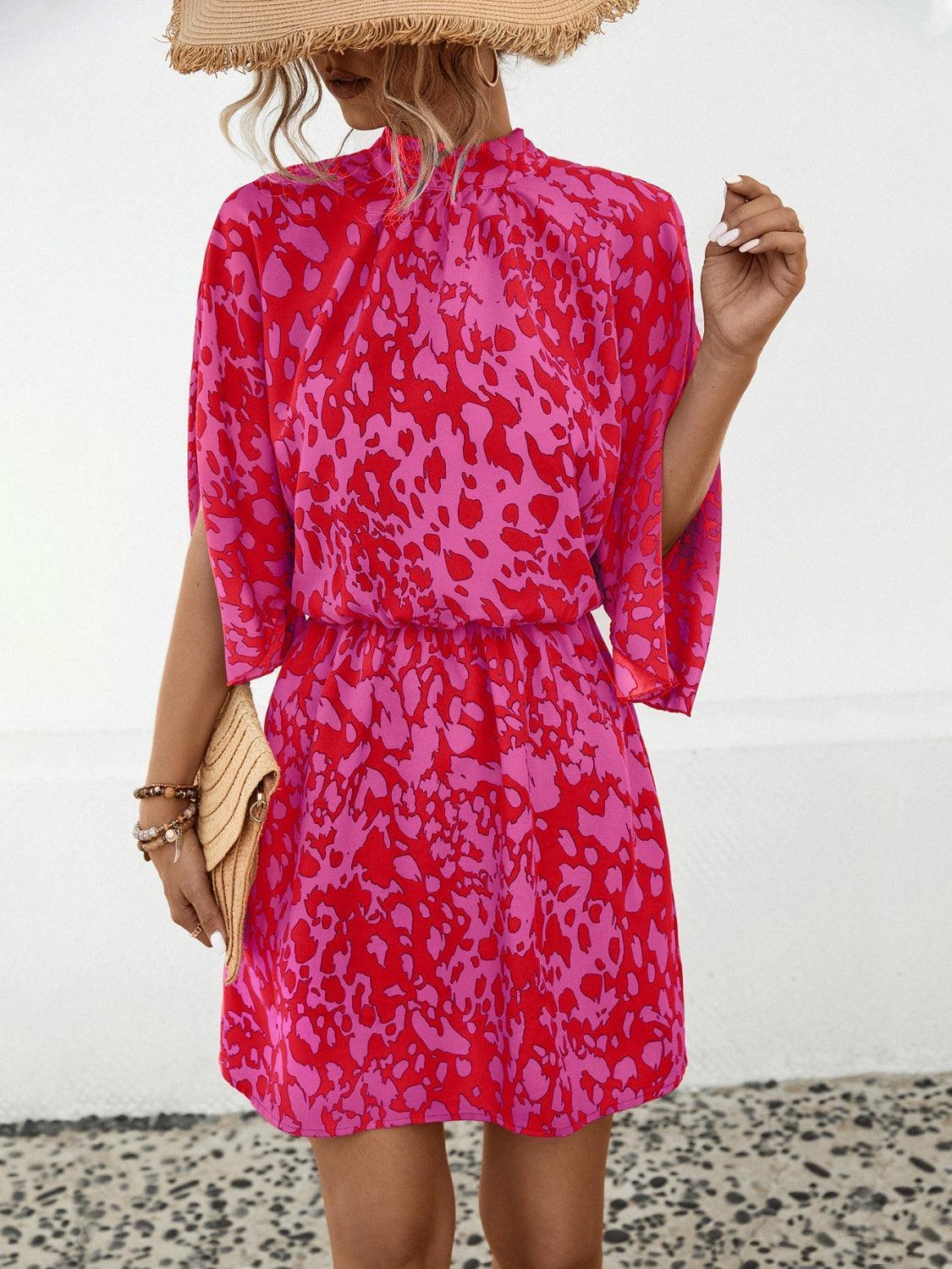 Tied Printed Mock Neck Mini Dress - ClubOn