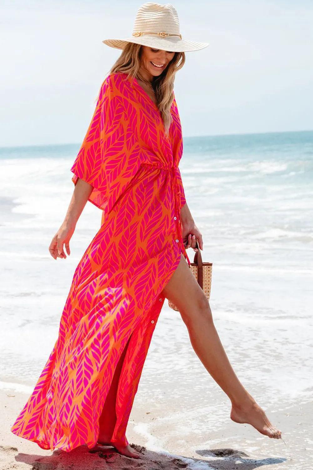 Drawstring Printed V-Neck Maxi Dress - ClubOn