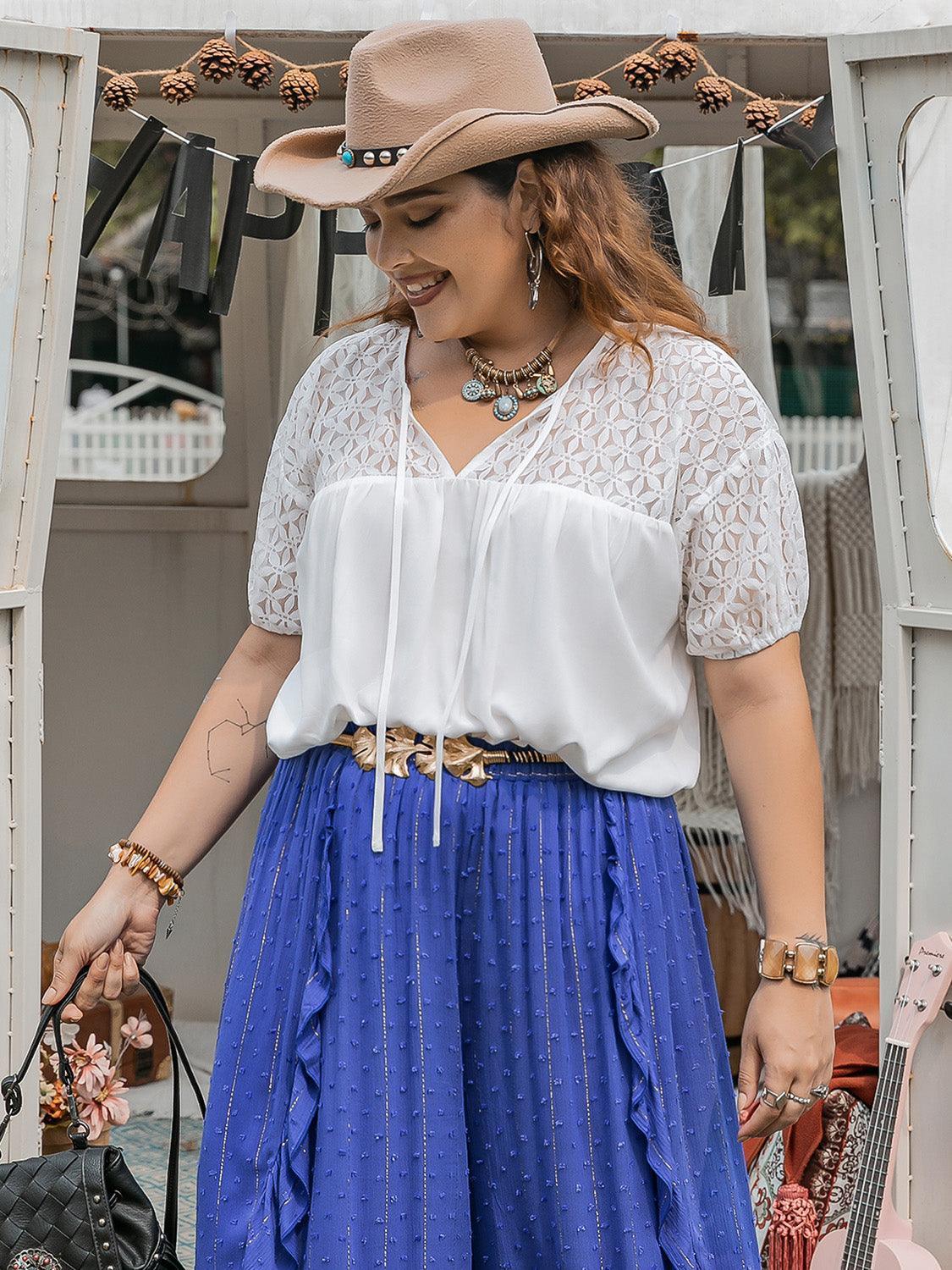 Plus Size Tie Neck Short Sleeve Blouse - ClubOn