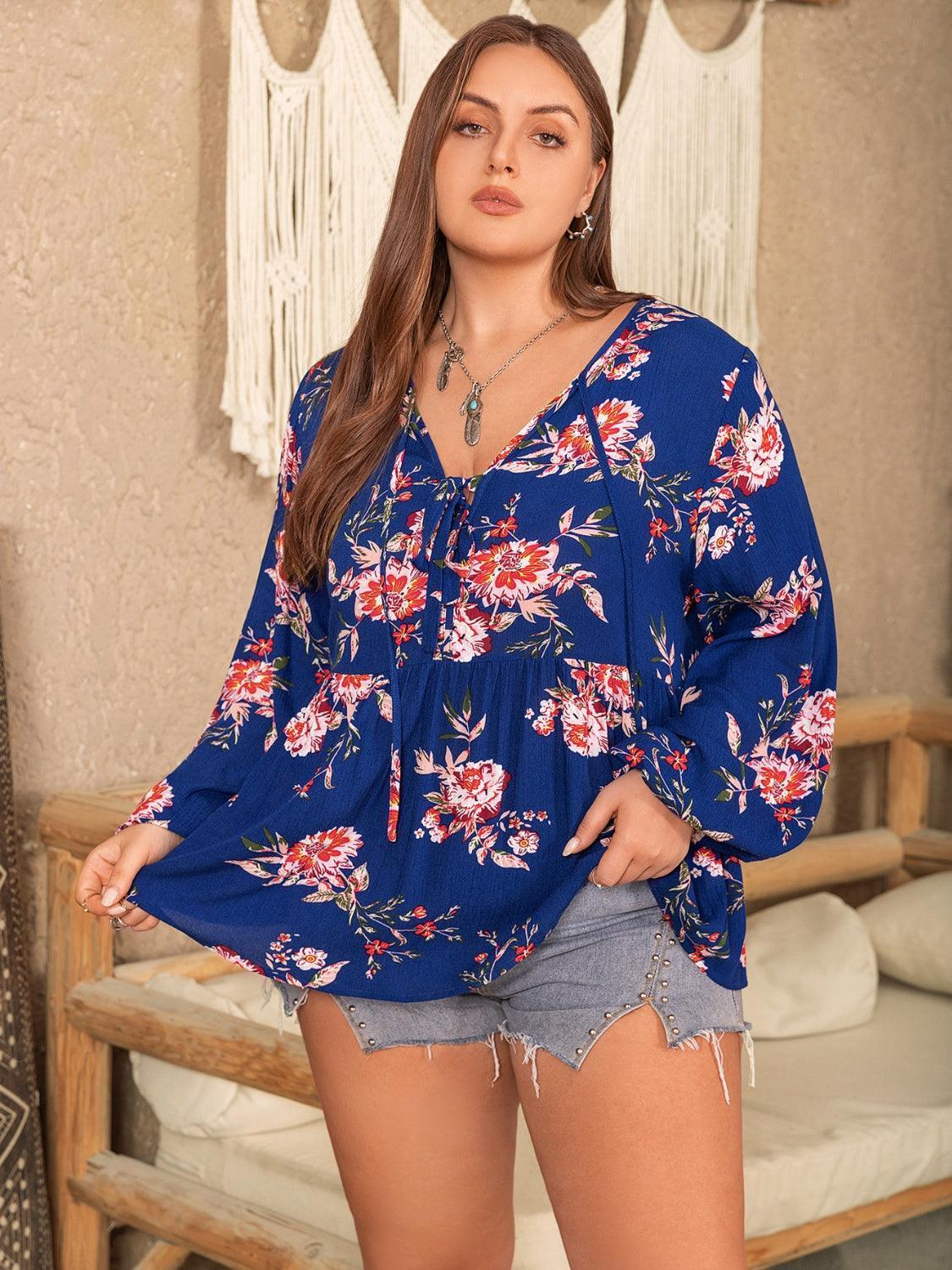 Plus Size Printed Tie Neck Balloon Sleeve Blouse - ClubOn