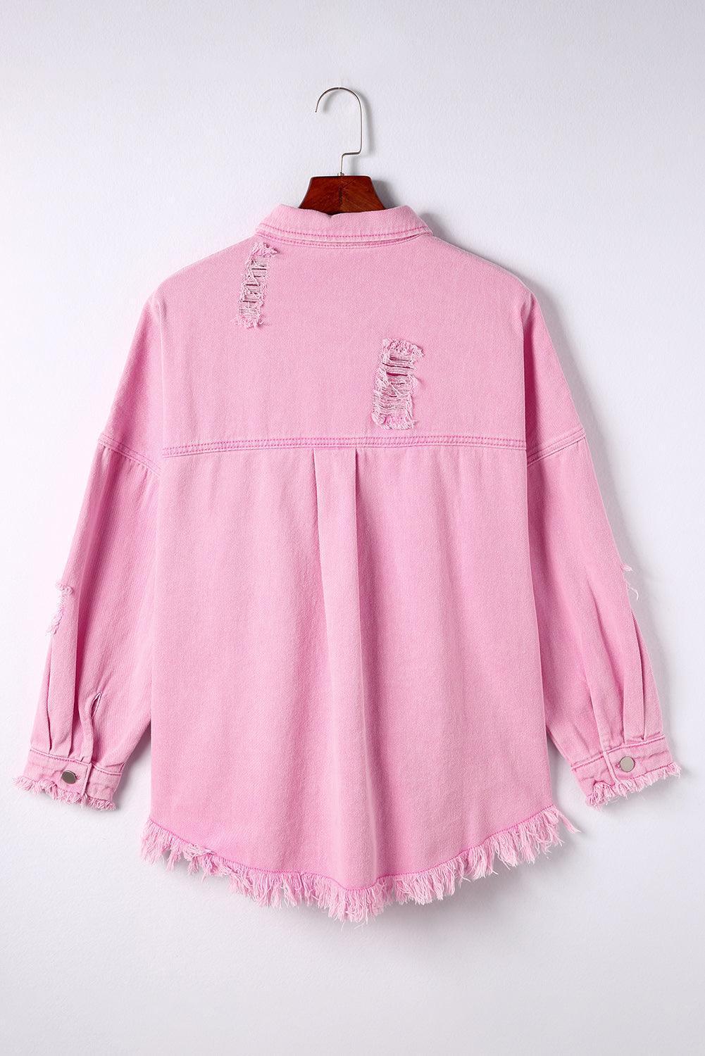 Distressed Button Up Raw Hem Denim Jacket - ClubOn