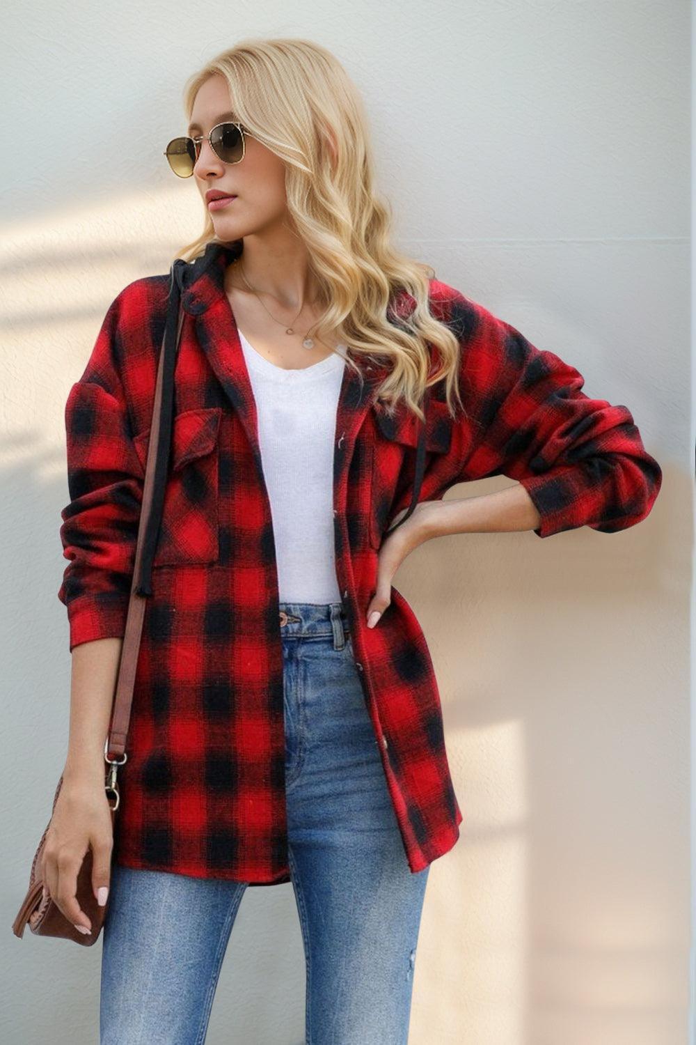 Double Take Drawstring Plaid Long Sleeve Hooded Shacket - ClubOn