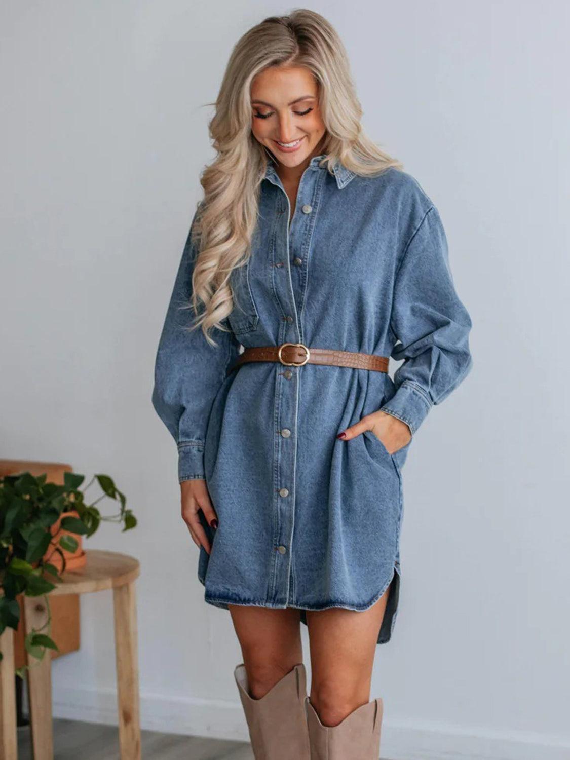 Button Up Collared Neck Long Sleeve Denim Dress - ClubOn