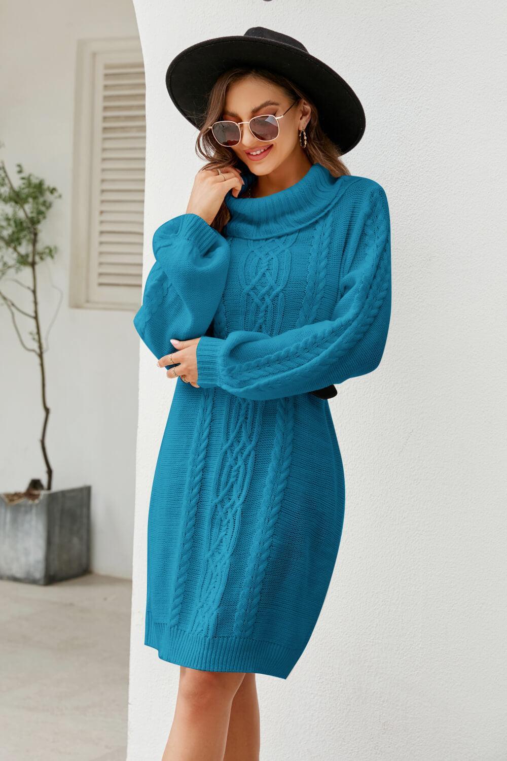 Woven Right Mixed Knit Turtleneck Lantern Sleeve Sweater Dress - ClubOn