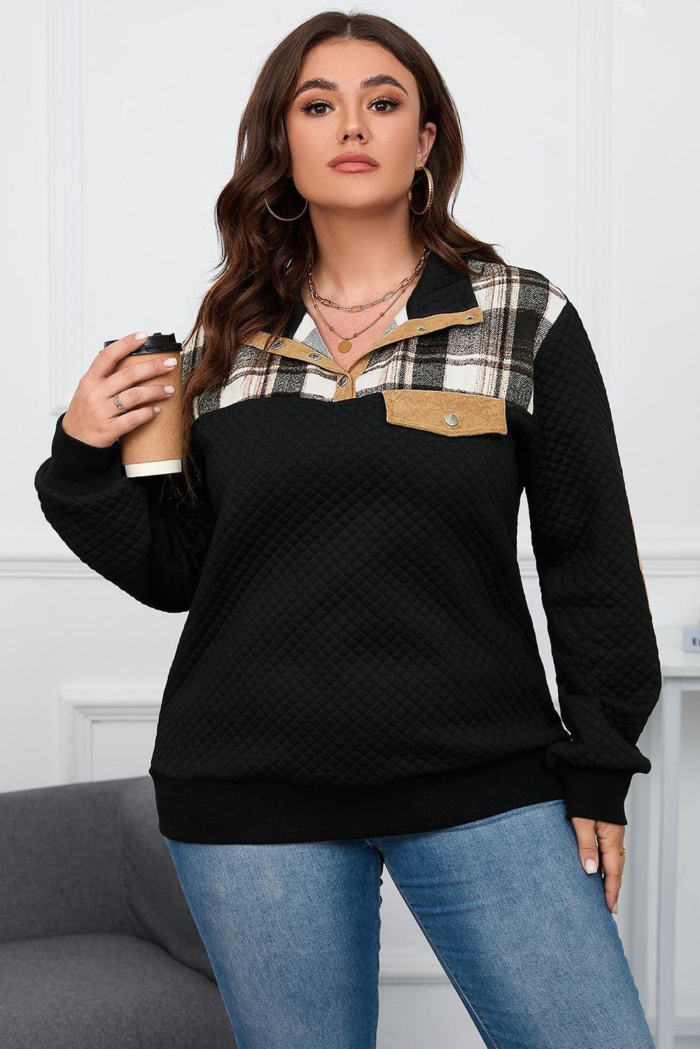 Plus Size Waffle-Knit Collared Neck Sweatshirt - ClubOn