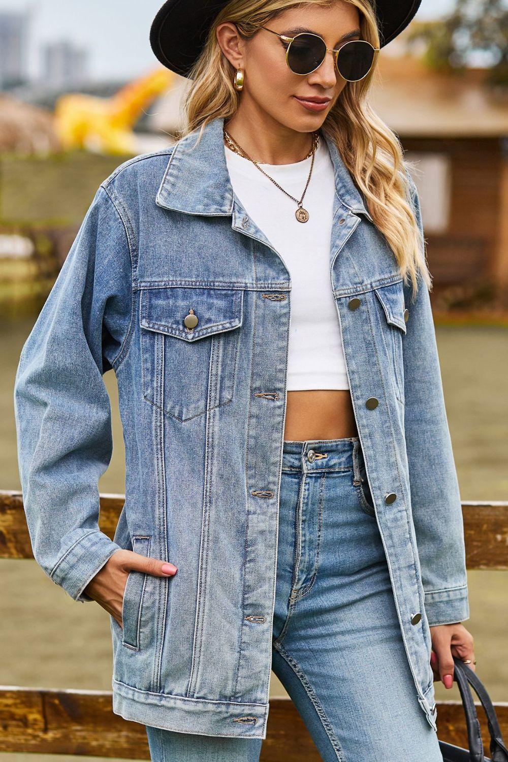 Buttoned Collared Neck Denim Jacket with Pockets - ClubOn