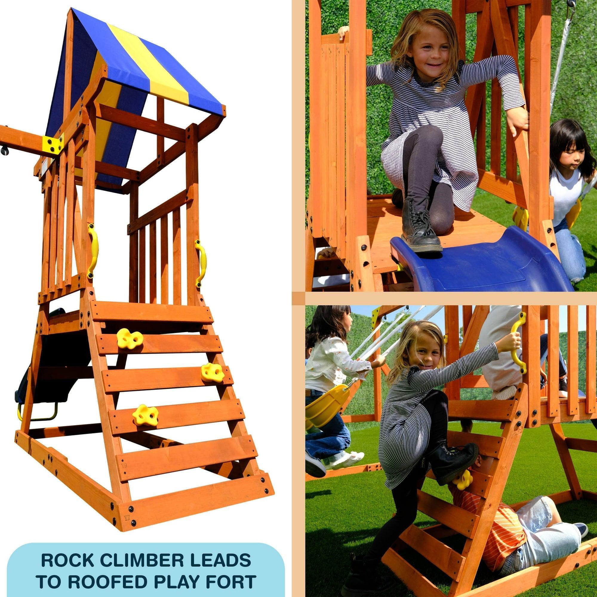 Sportspower My First Wood Swing Set – 2 Swings, Rock Climber, 6' Double Wall Slide, Lifetime Warranty – Outdoor Playground for Kids - ClubOn