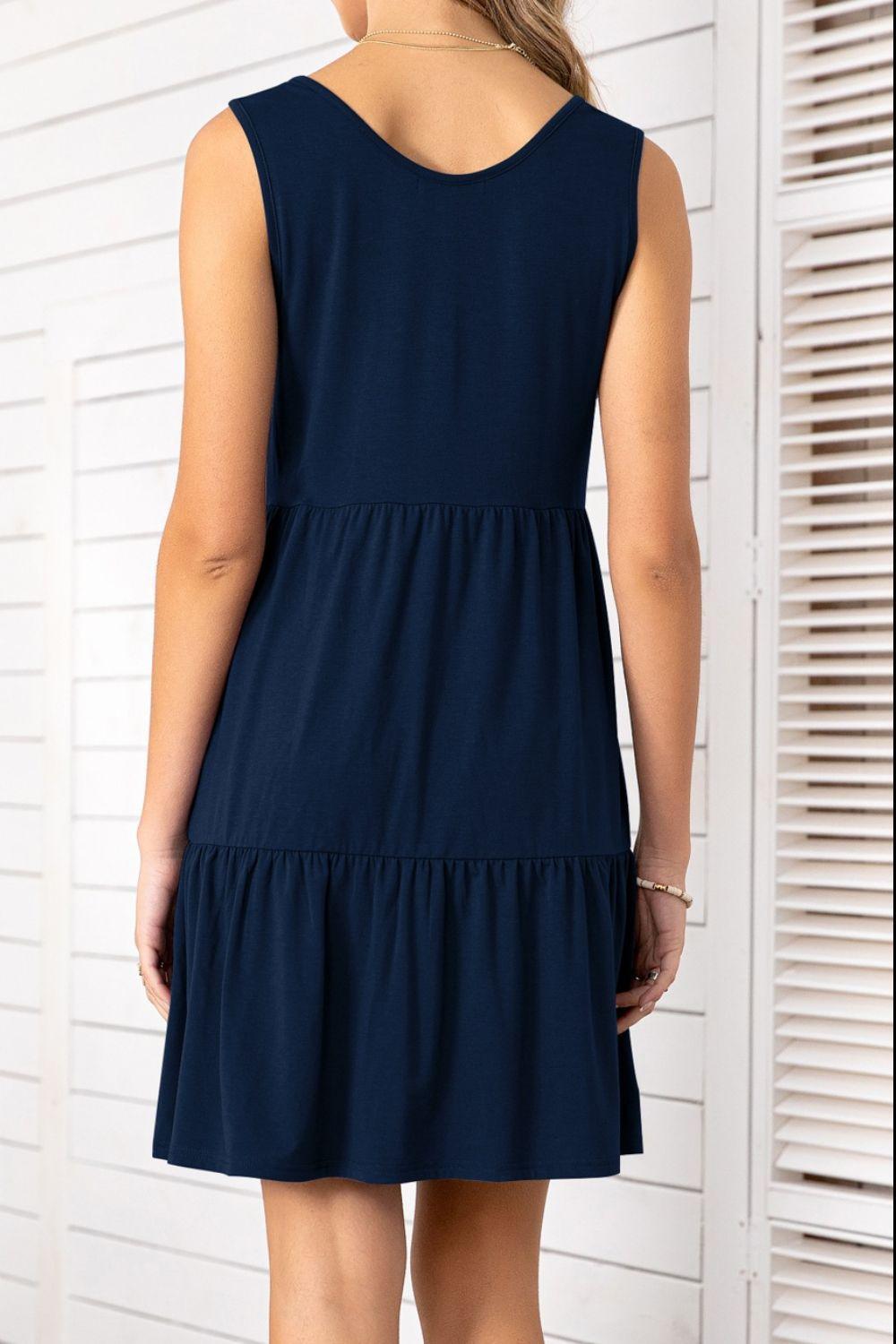 Decorative Button Scoop Neck Sleeveless Tiered Dress - ClubOn