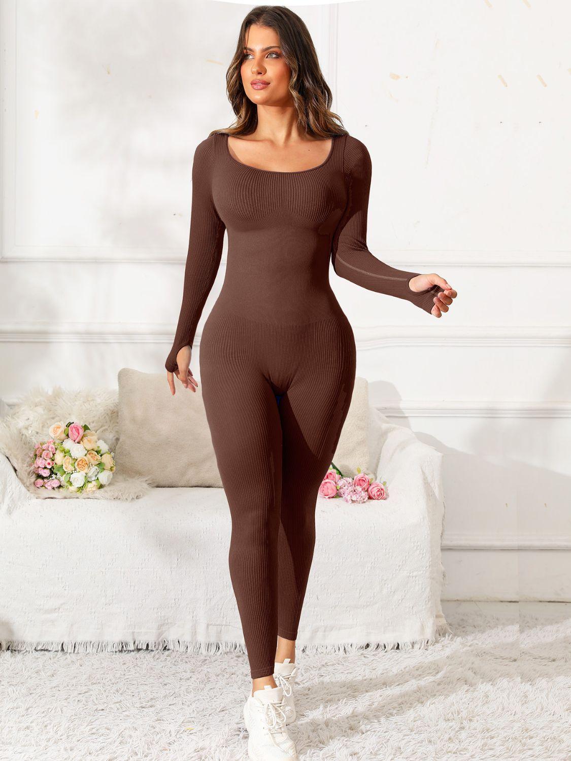 Scoop Neck Long Sleeve Active Jumpsuit - ClubOn