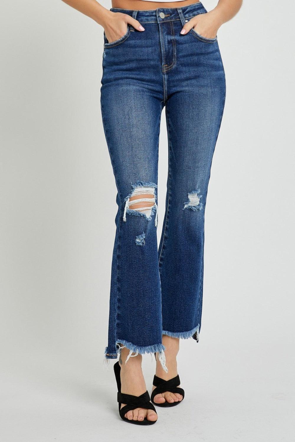 RISEN High Rise Distressed Crop Flare Jeans - ClubOn