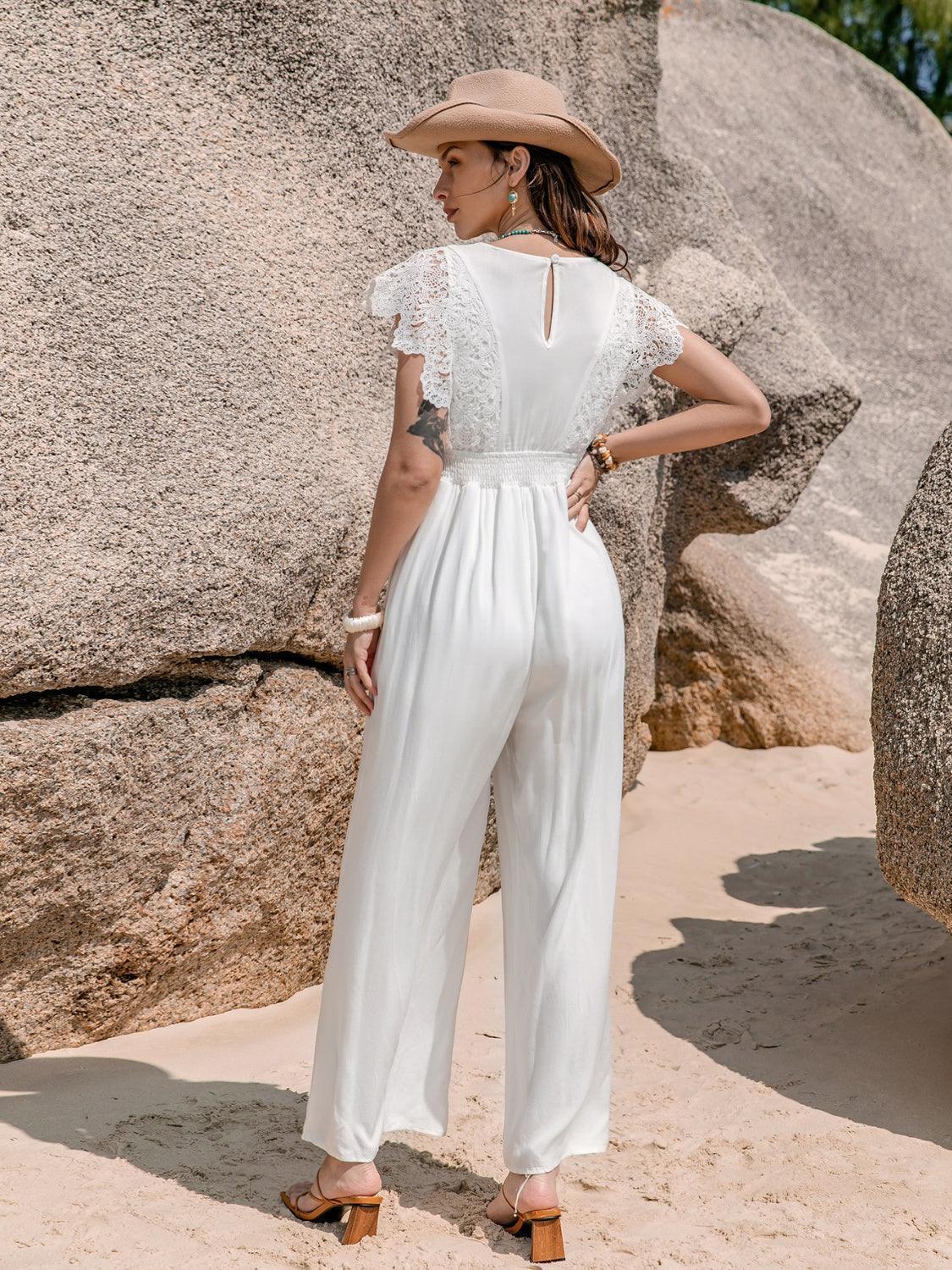 Lace Detail Plunge Cap Sleeve Jumpsuit - ClubOn