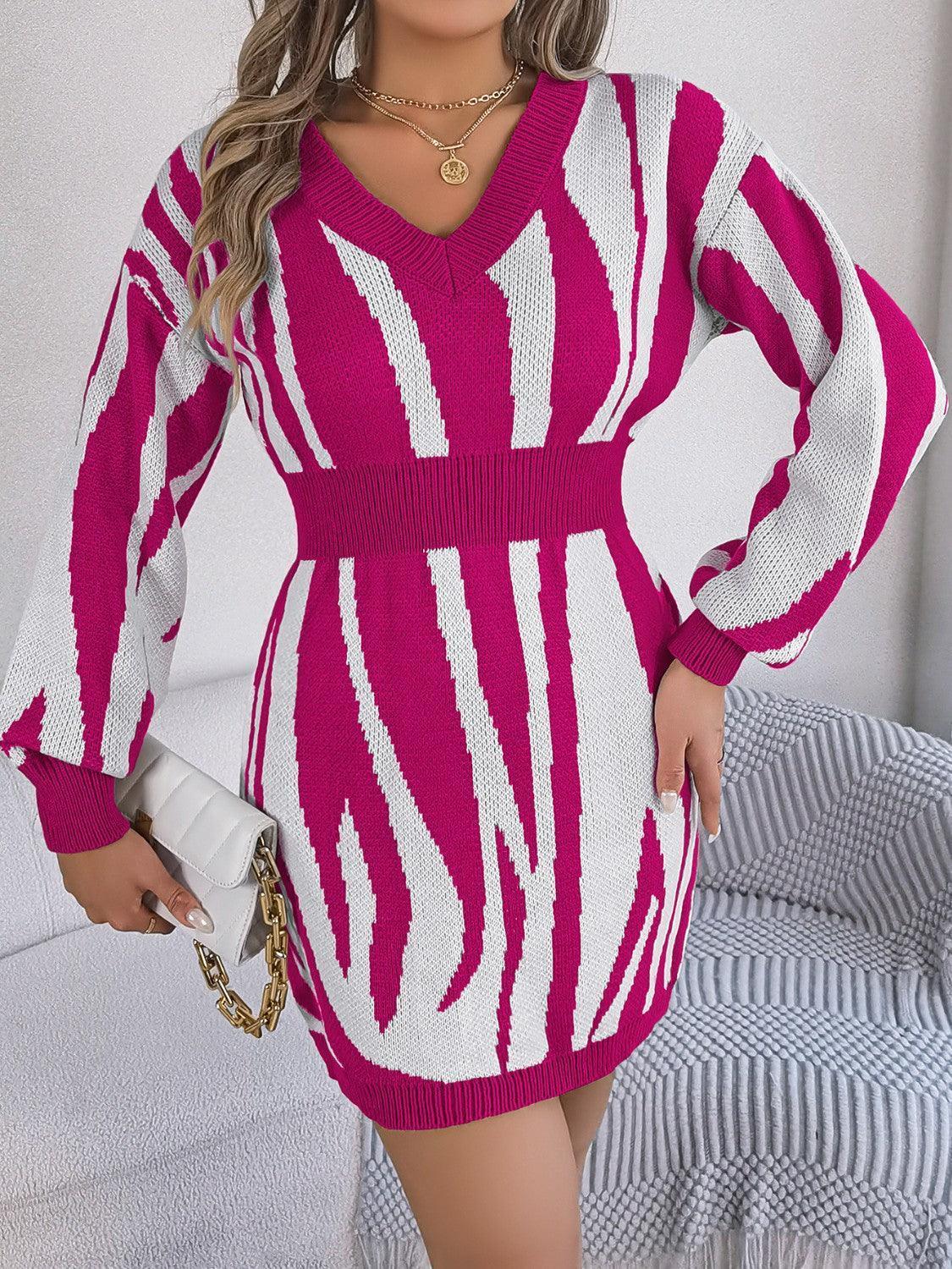 Animal Print V-Neck Long Sleeve Sweater Dress - ClubOn
