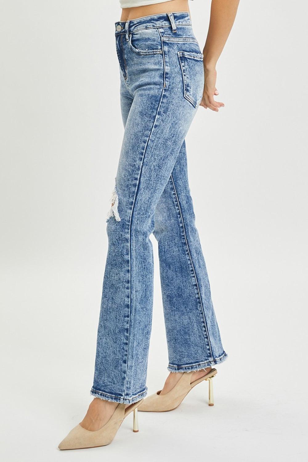 RISEN Full Size High Rise Distressed Flare Jeans - ClubOn