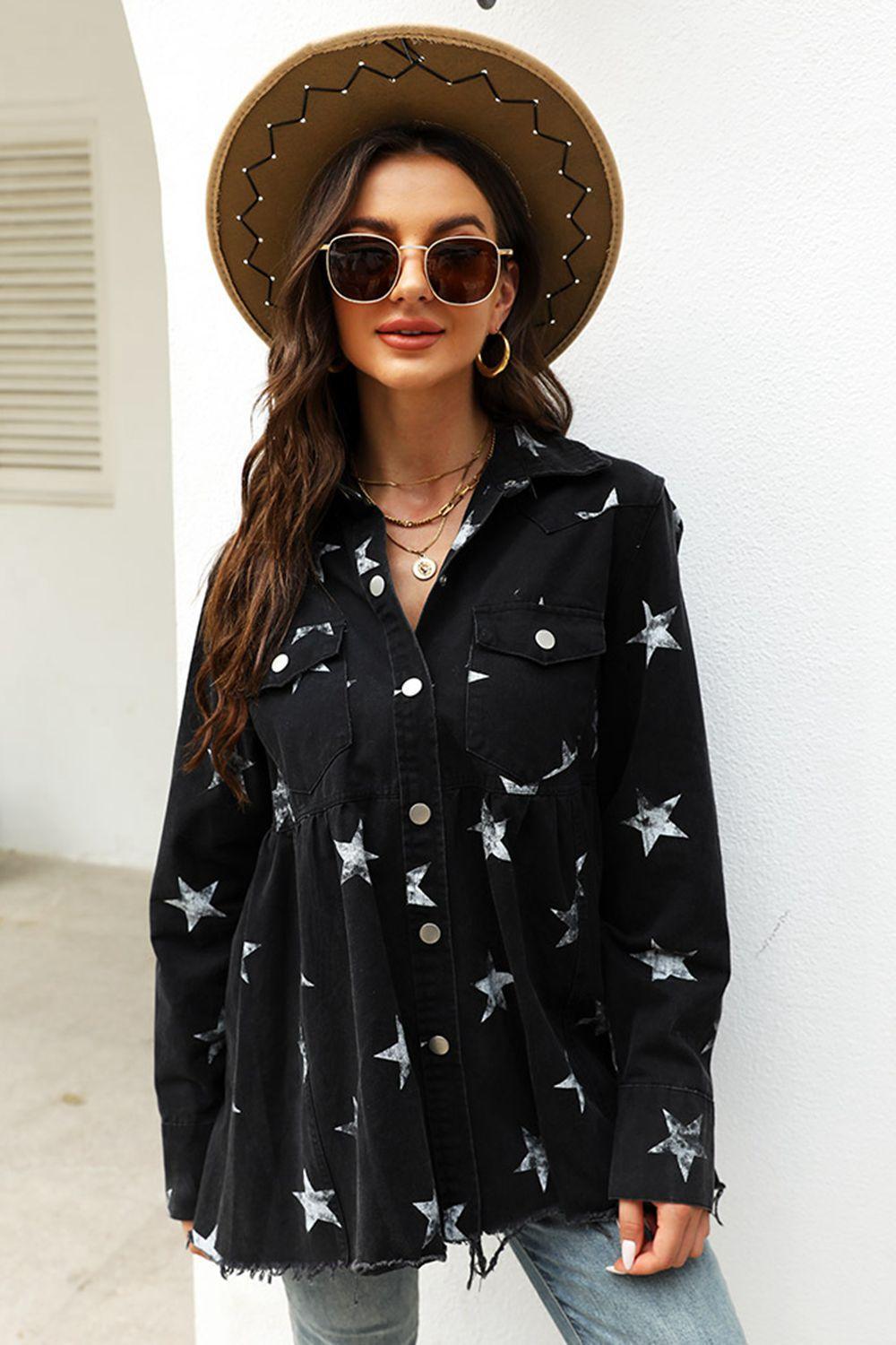 Collared Neck Star Print Long Sleeve Denim Jacket - ClubOn