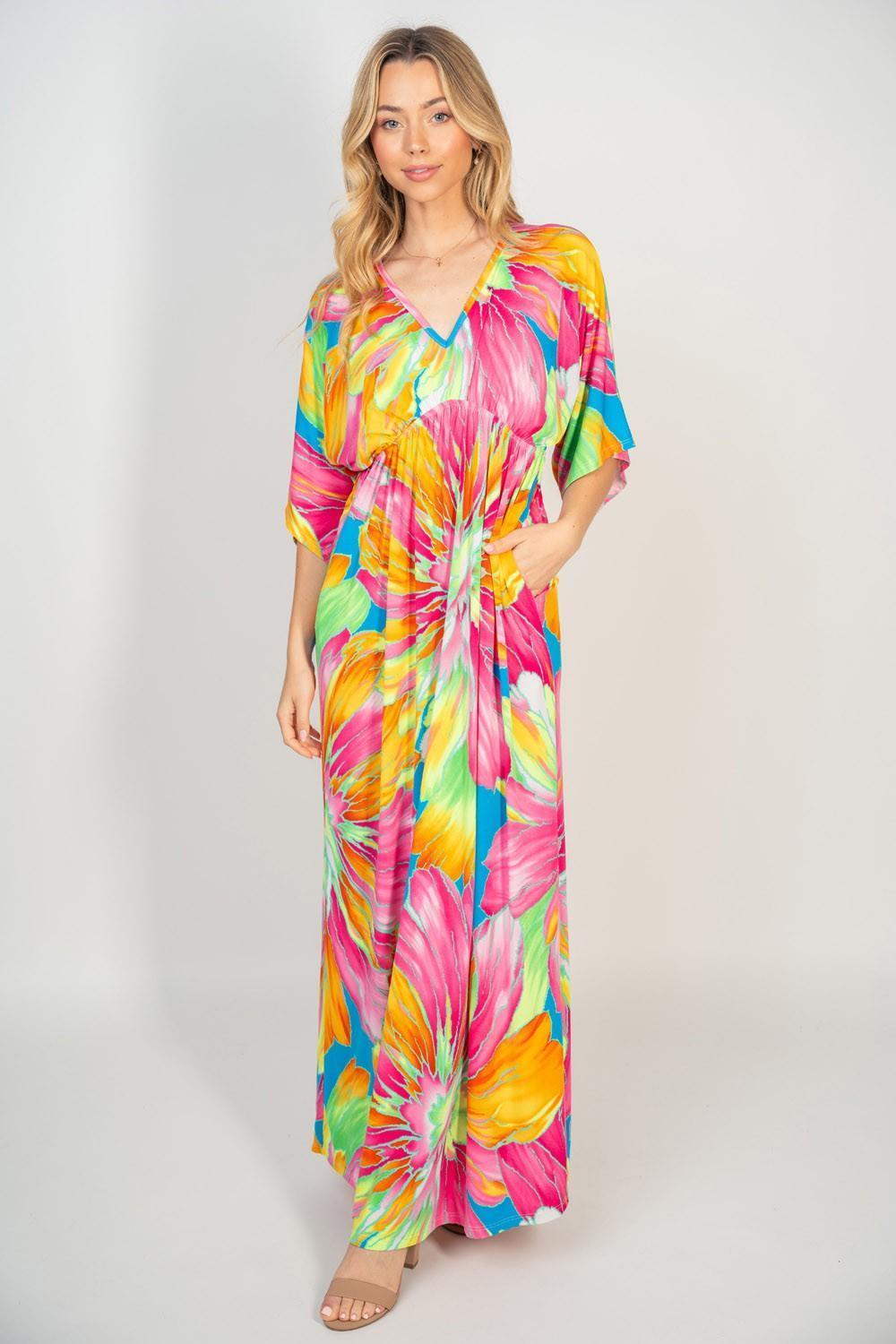 White Birch Printed V-Neck Maxi Dress with Pockets - ClubOn
