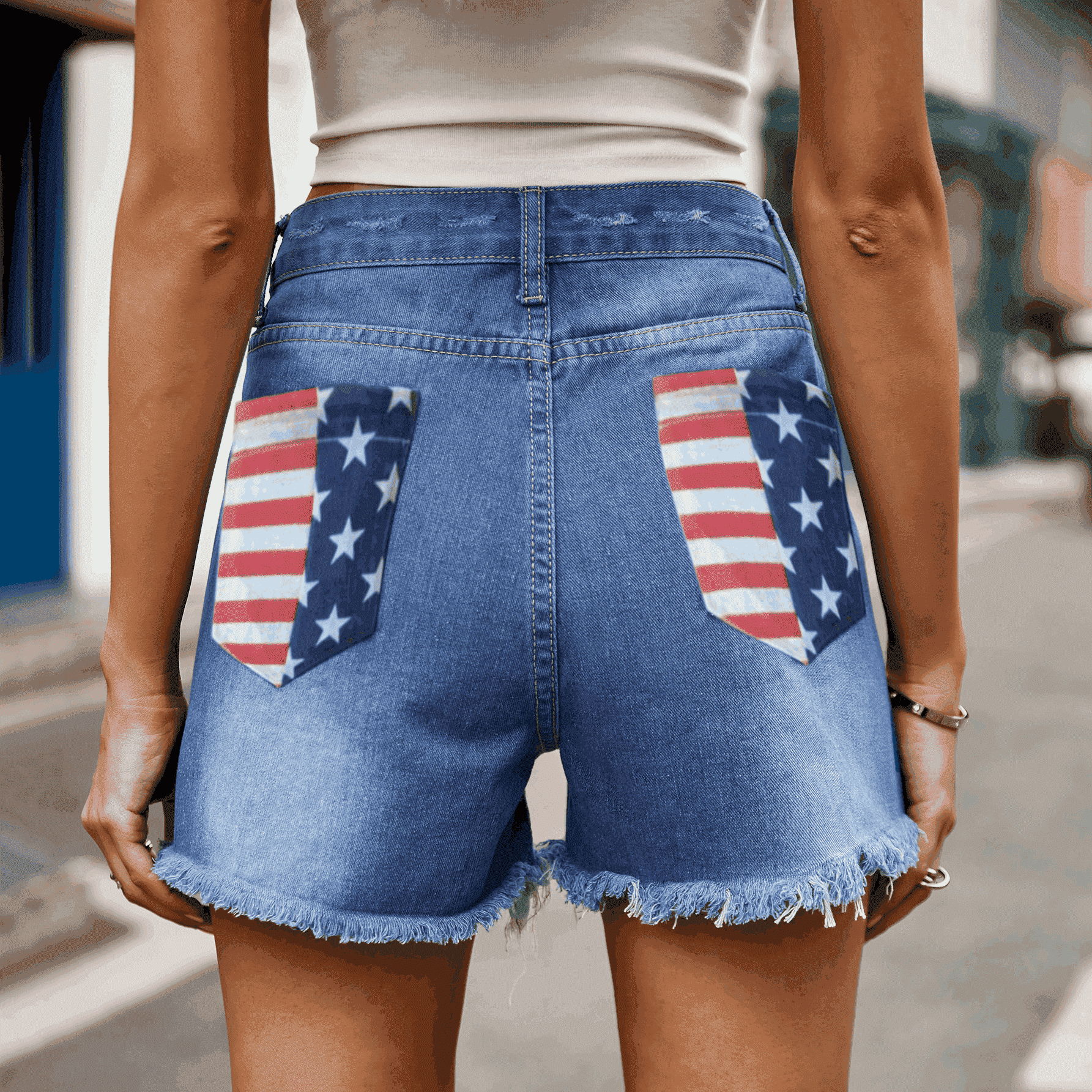 US Flag Distressed Denim Shorts - ClubOn