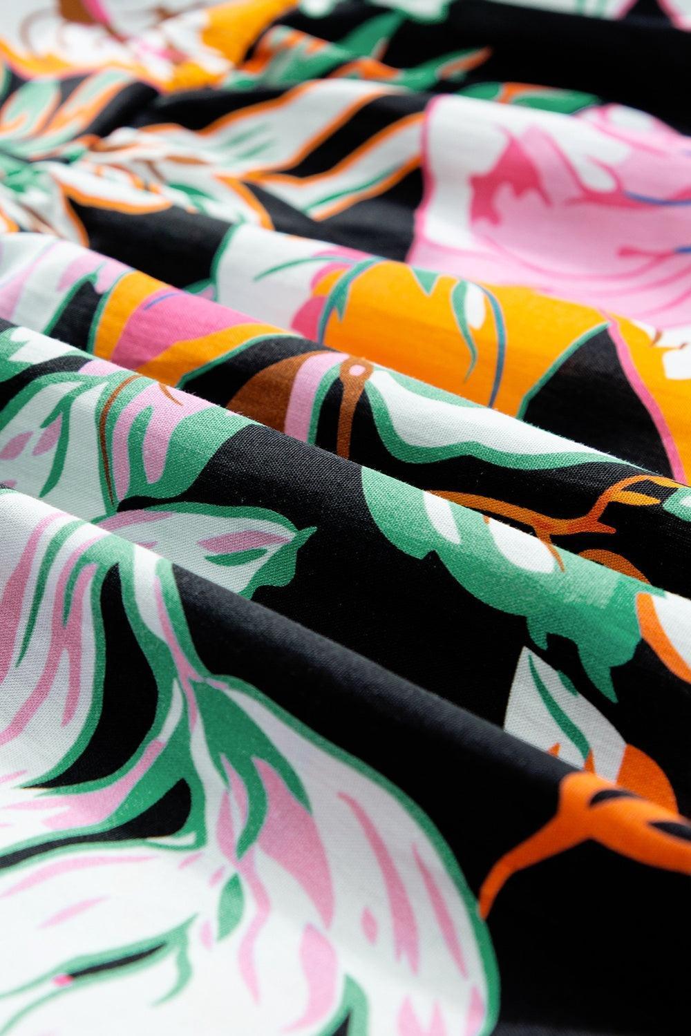 Plus Size Printed Tie Neck Short Sleeve Blouse - ClubOn