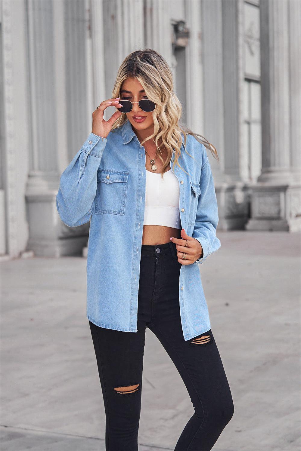 Collared Neck Dropped Shoulder Denim Top - ClubOn