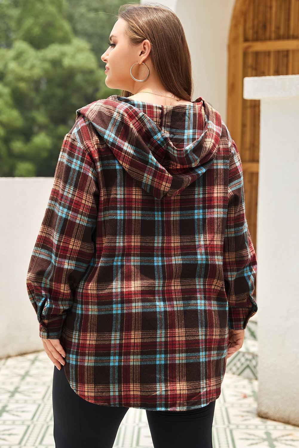 Plus Size Drawstring Plaid Quarter Button Hoodie - ClubOn