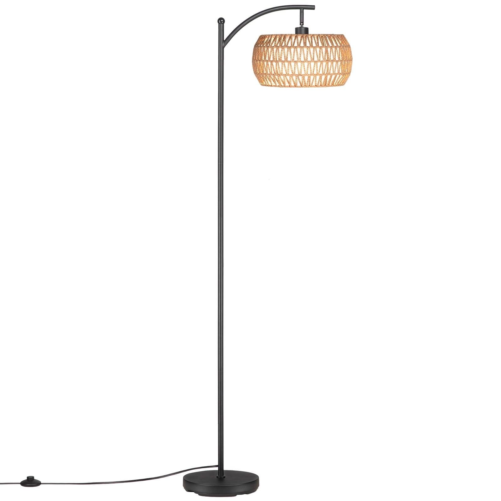 SUNMORY Dimmable Floor Lamp, Black with Rattan & Fabric Double Drum Shade – Boho Farmhouse Tall Lamp for Living Room - ClubOn