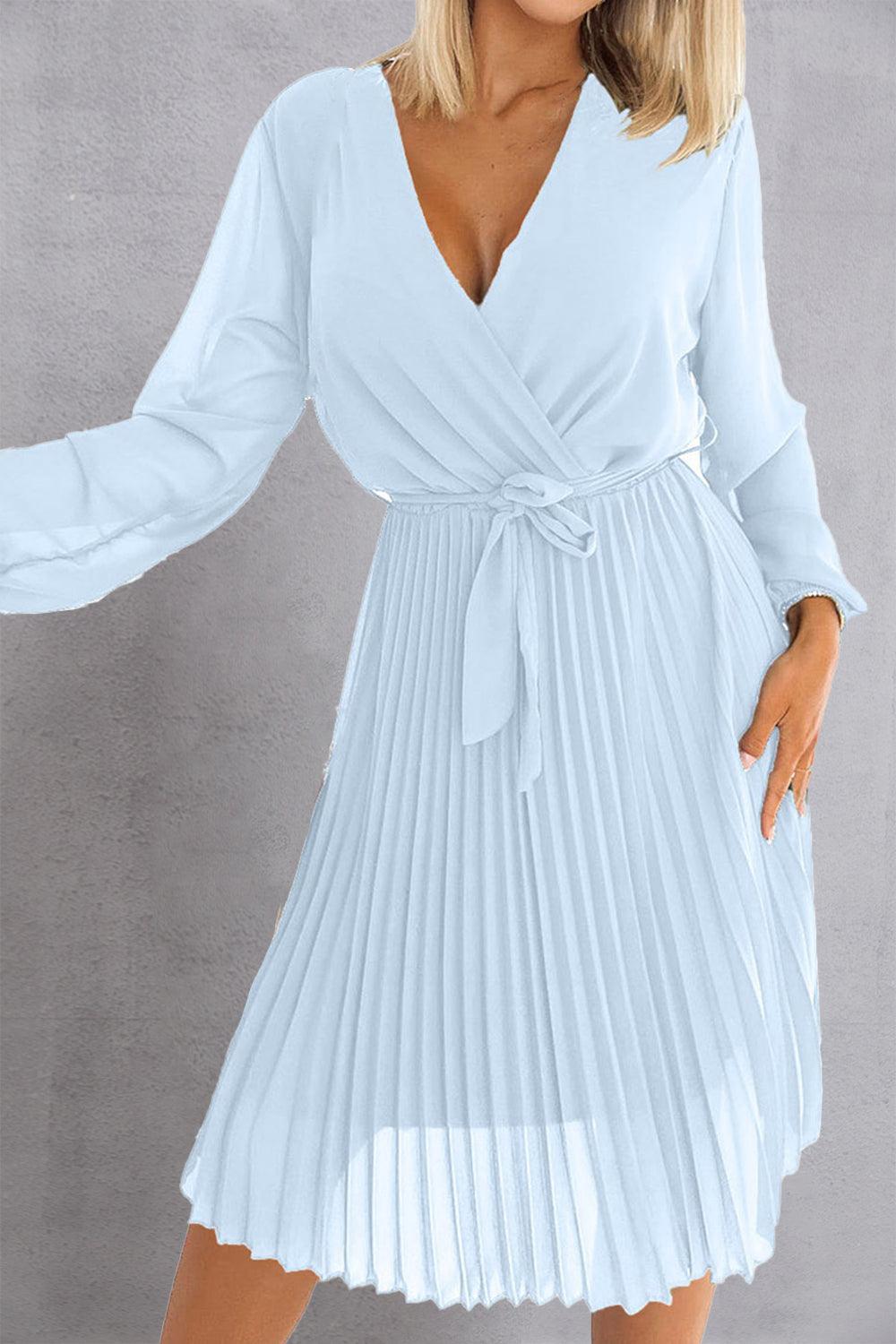 Tied Surplice Long Sleeve Pleated Dress - ClubOn