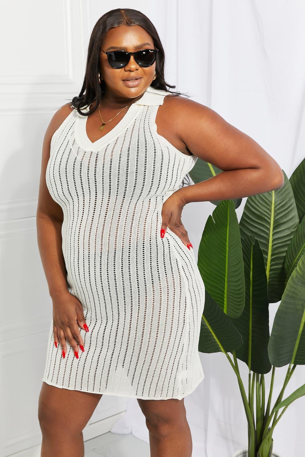 Openwork Johnny Collar Cover Up Dress - ClubOn