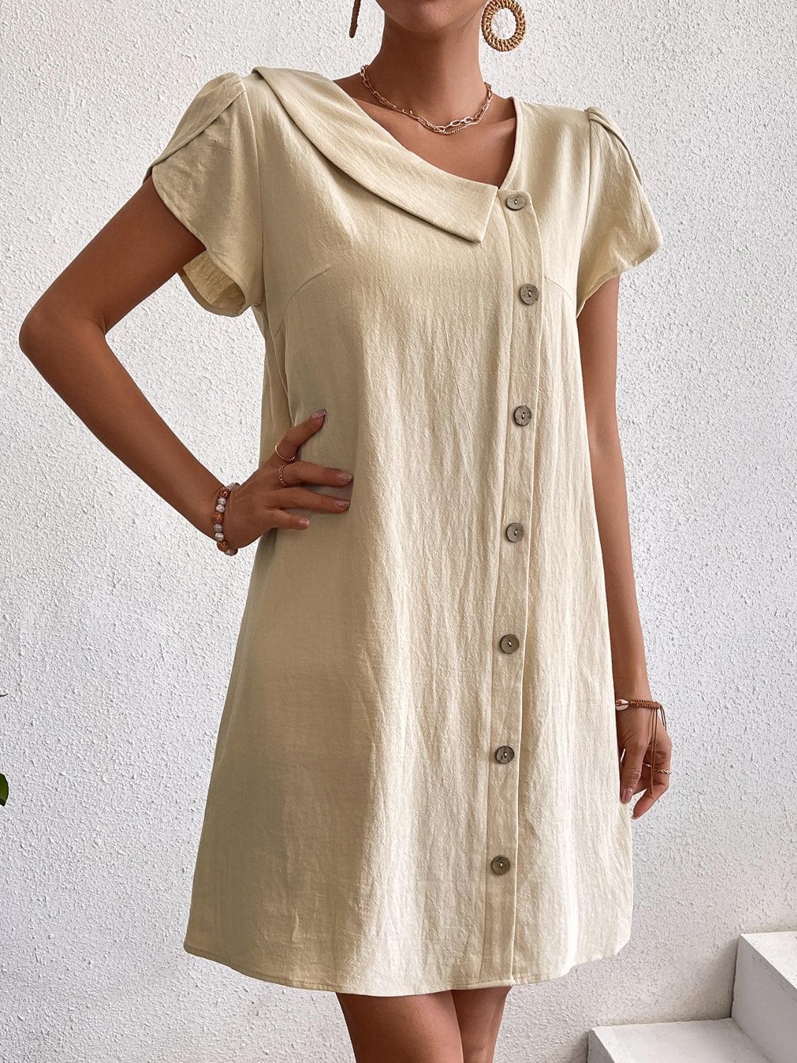 Decorative Button Asymmetrical Neck Short Sleeve Dress - ClubOn