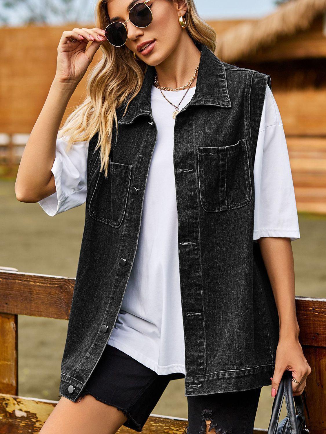 Button Down Denim Vest - ClubOn