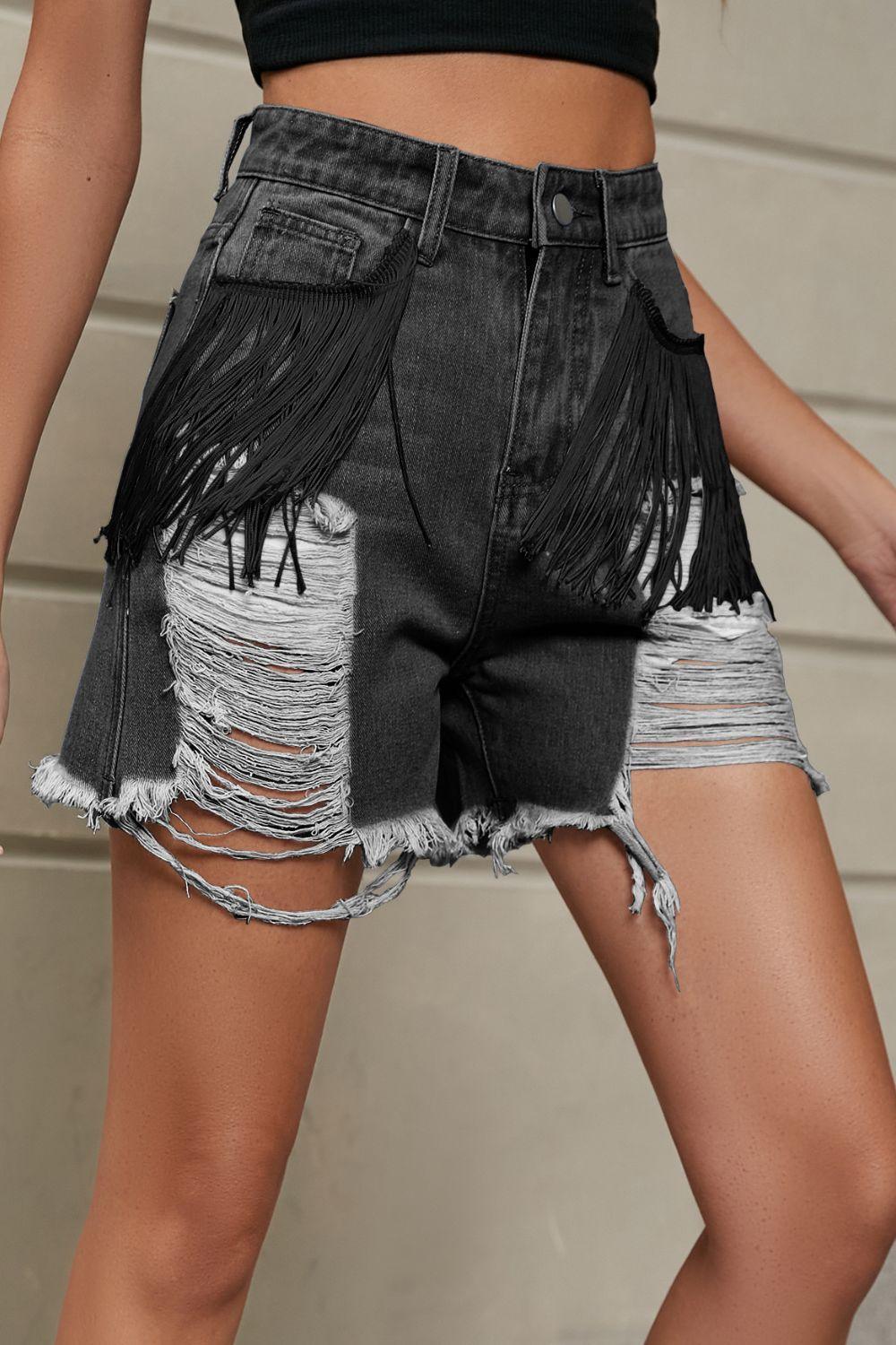 Fringe Trim Distressed Denim Shorts with Pockets - ClubOn