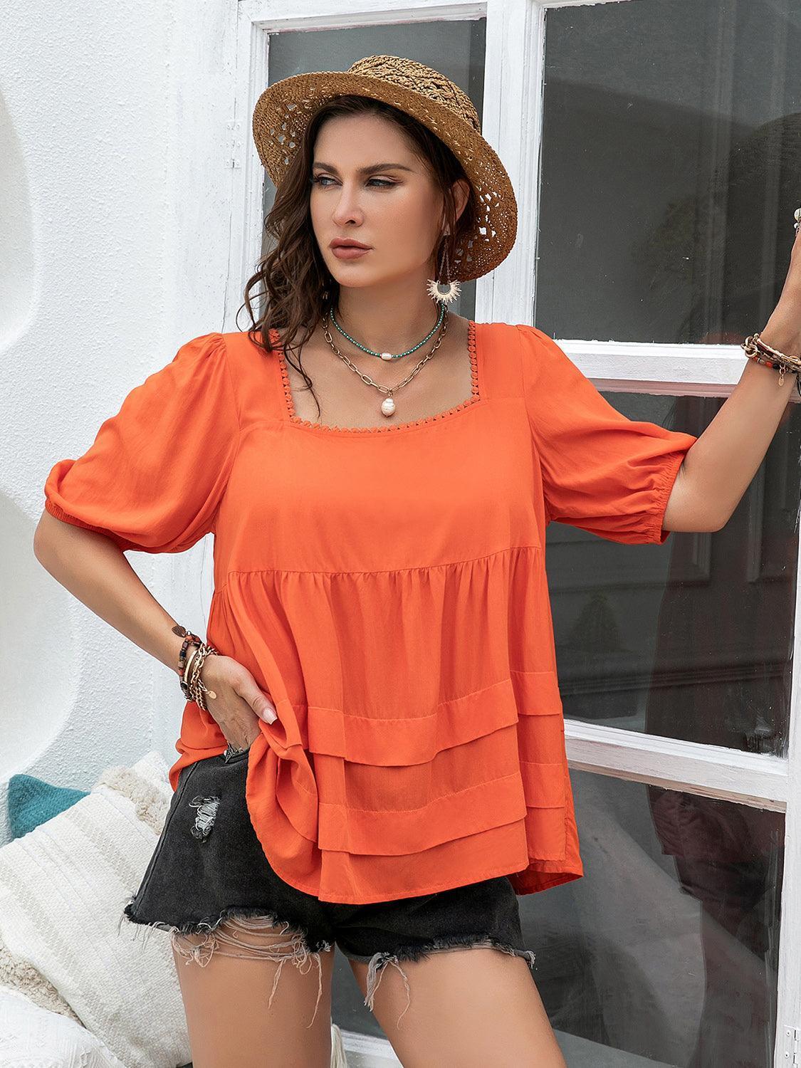 Plus Size Square Neck Half Sleeve Blouse - ClubOn