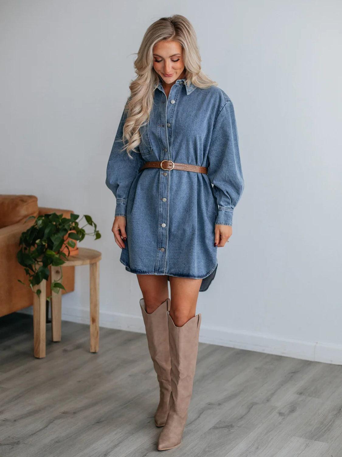 Button Up Collared Neck Long Sleeve Denim Dress - ClubOn