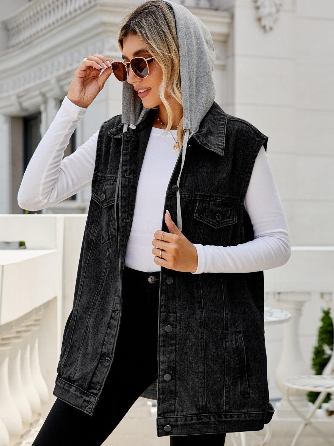 Drawstring Pocketed Button Up Sleeveless Denim Jacket - ClubOn