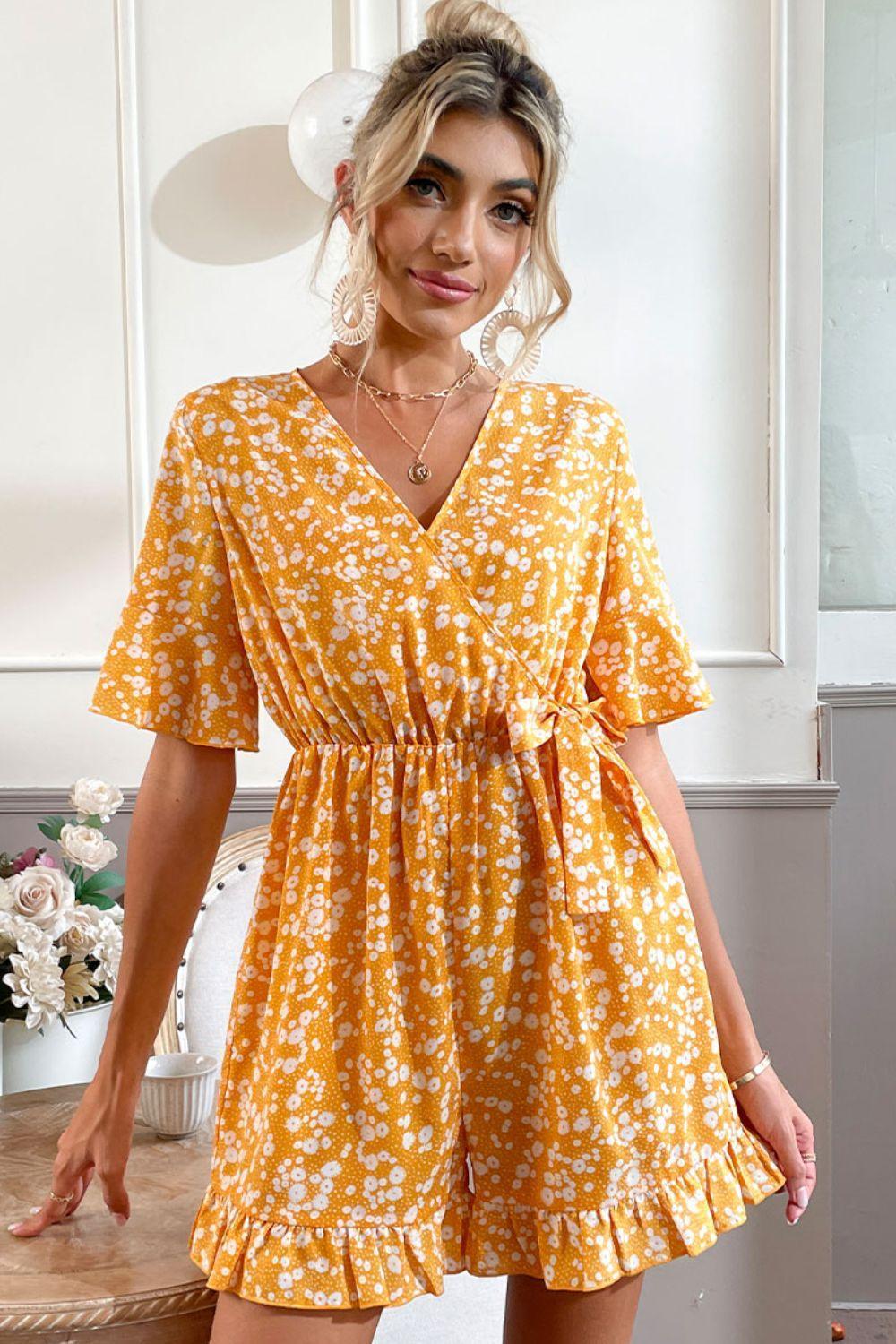 Shiny Printed Surplice Neck Ruffled Romper - ClubOn