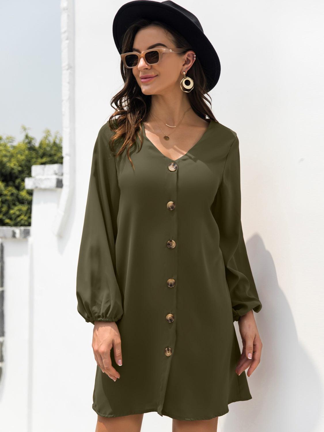 V-Neck Long Sleeve Mini Dress - ClubOn