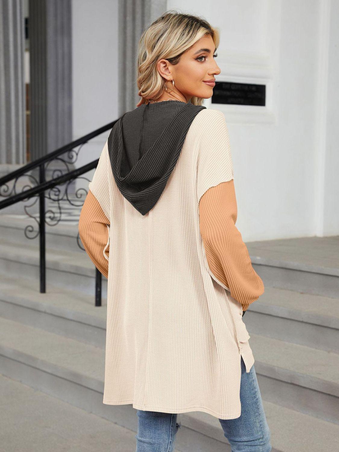 Double Take Contrast Hooded Long Sleeve Top - ClubOn