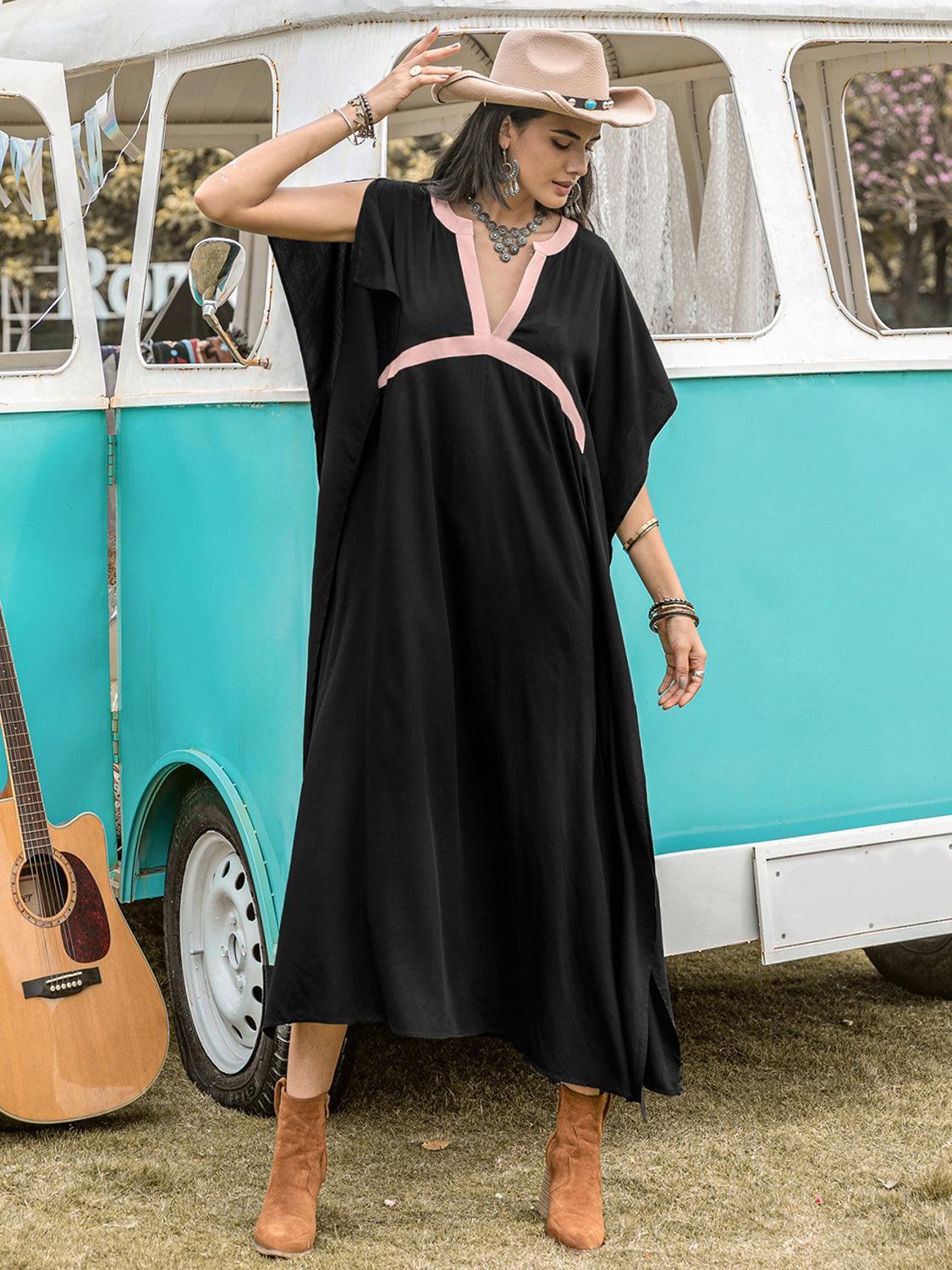 Contrast Trim Notched Slit Short Sleeve Midi Dress - ClubOn