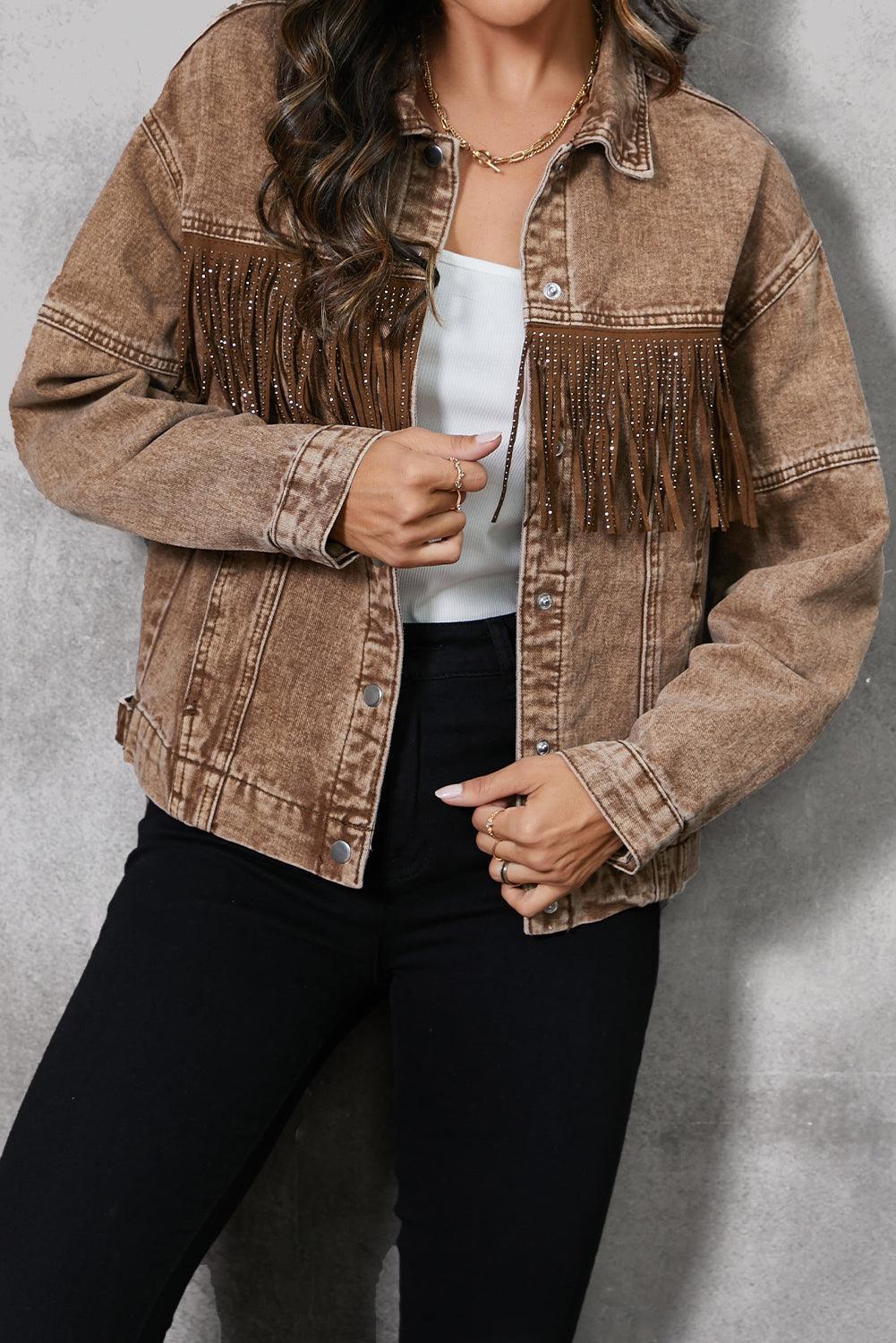 Fringe Trim Snap Down Denim Jacket - ClubOn
