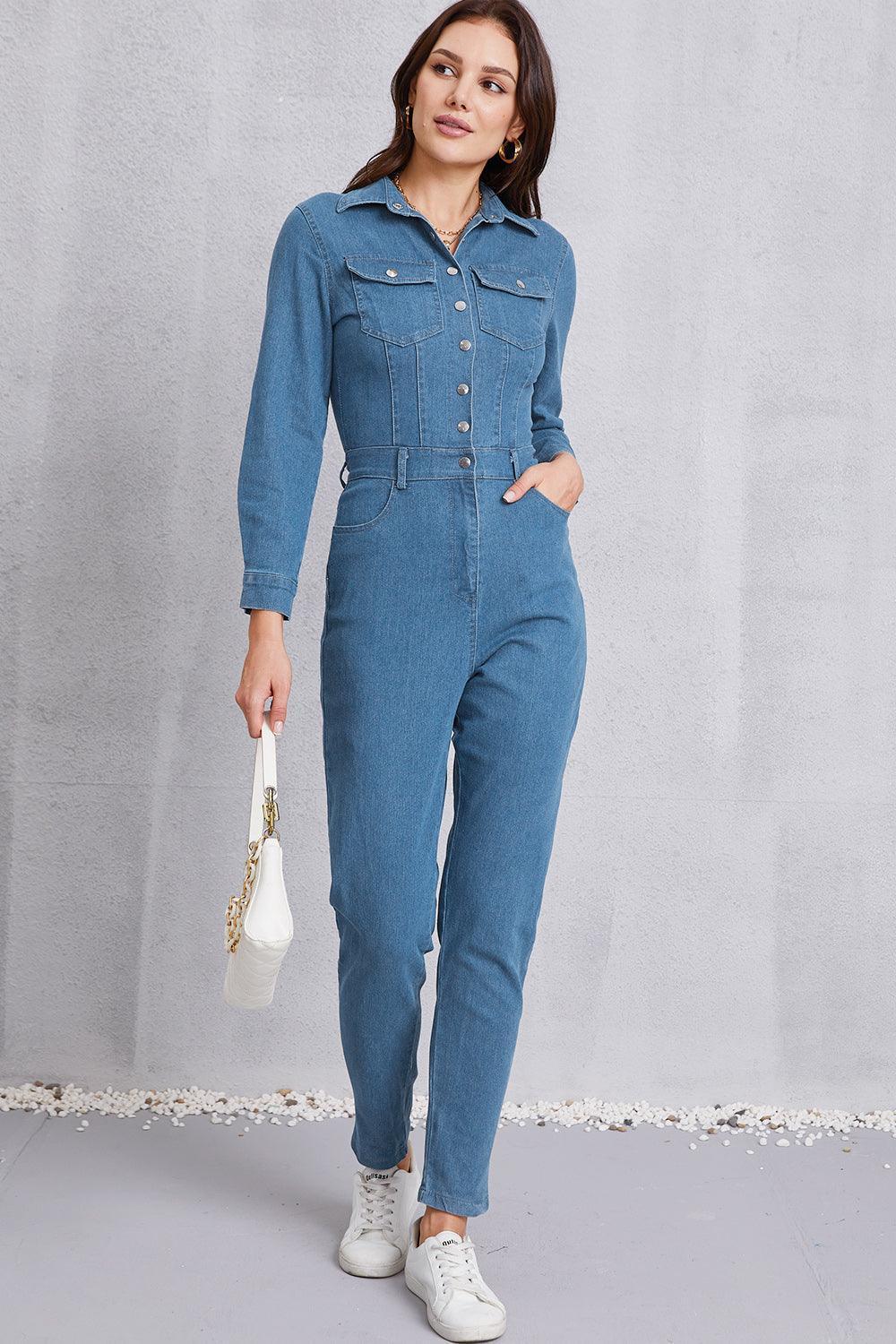 Snap Down Denim Jumpsuit with Pockets - ClubOn