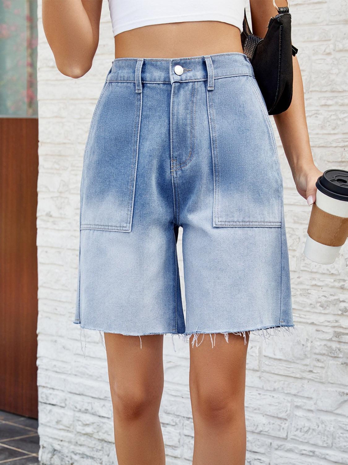 Buttoned Raw Hem Denim Shorts with Pockets - ClubOn