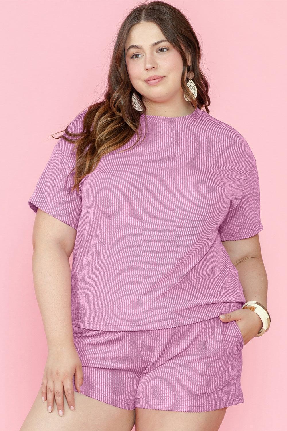 Plus Size Round Neck Short Sleeve Top and Shorts Set - ClubOn