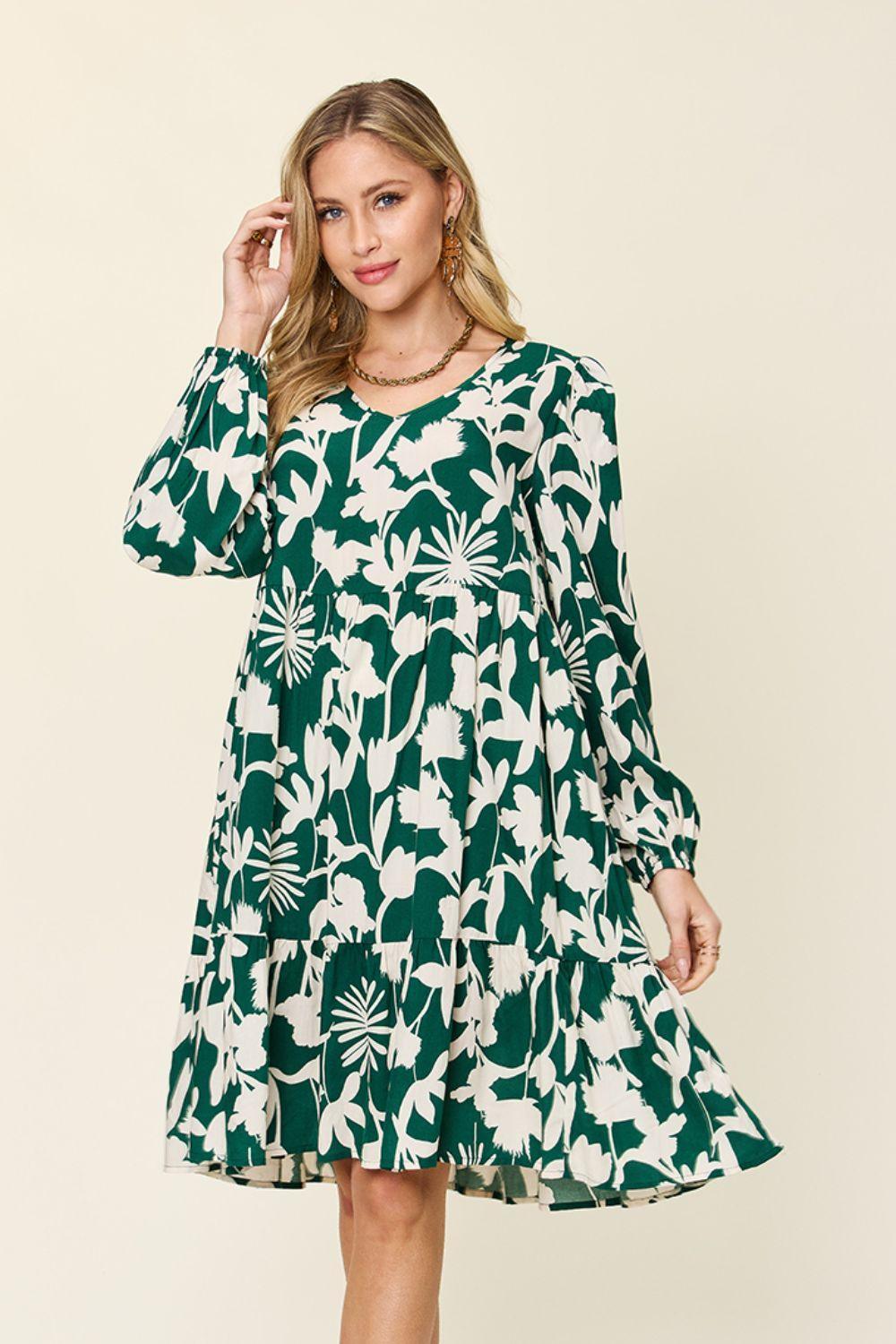 Double Take Full Size Printed Ruffle Hem Dress with Pocket - ClubOn