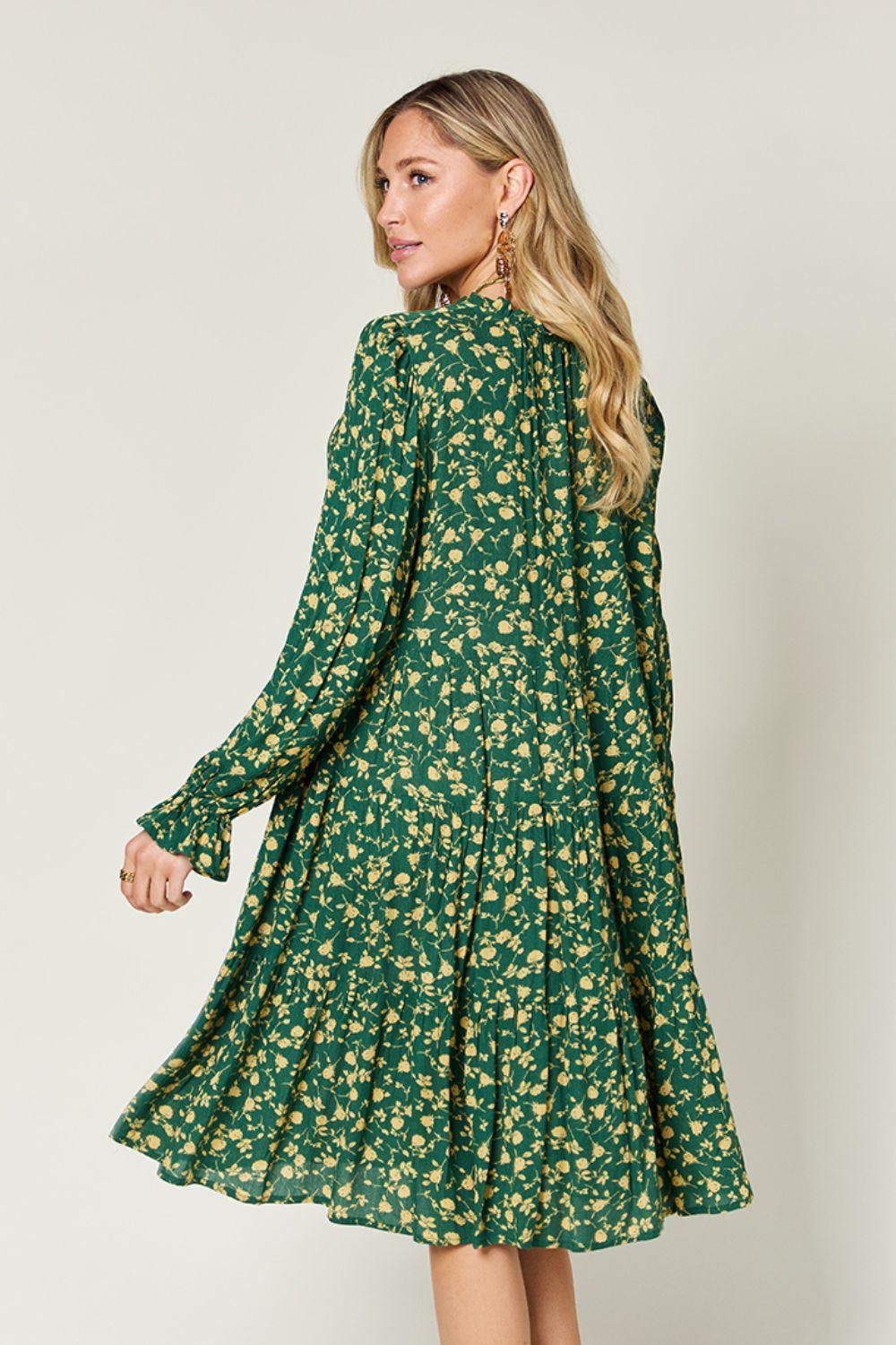 Double Take Full Size Printed Ruffle Hem Long Sleeve Tiered Dress - ClubOn