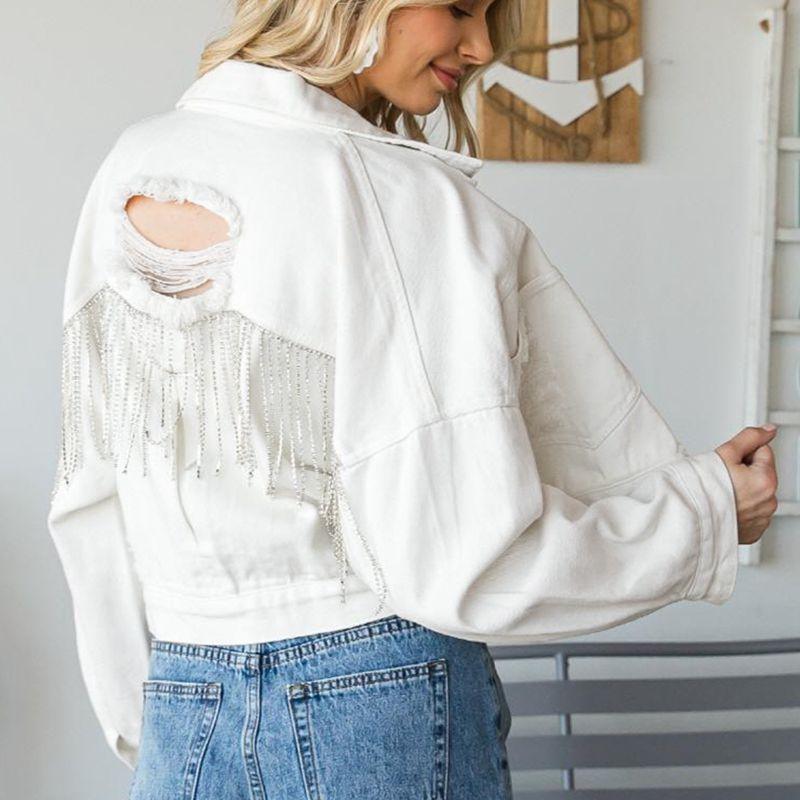 Cropped Collared Neck Dropped Shoulder Denim Jacket - ClubOn
