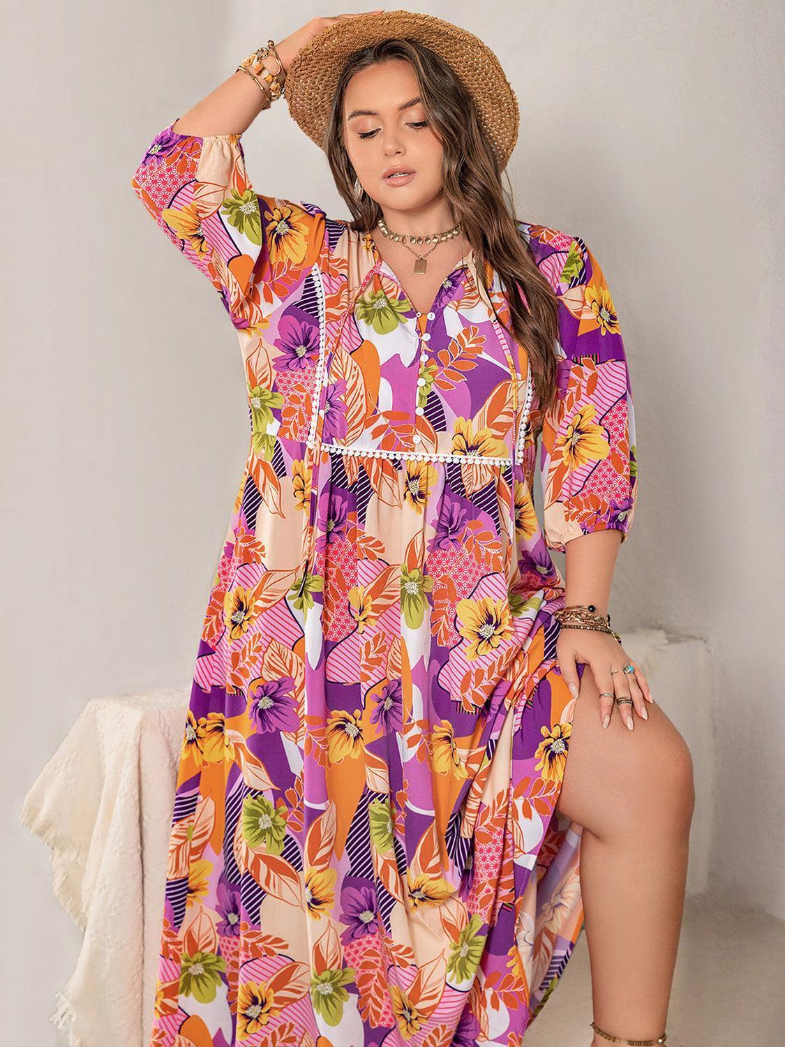 Plus Size Printed Tie Neck Maxi Dress - ClubOn