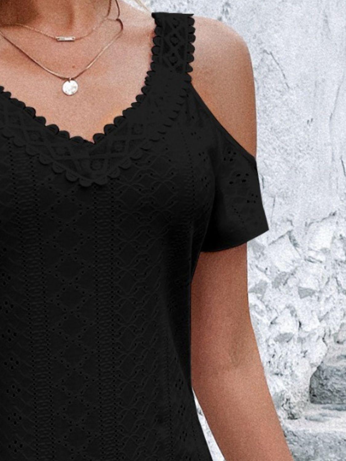 Eyelet V-Neck Cold Shoulder Mini Dress - ClubOn