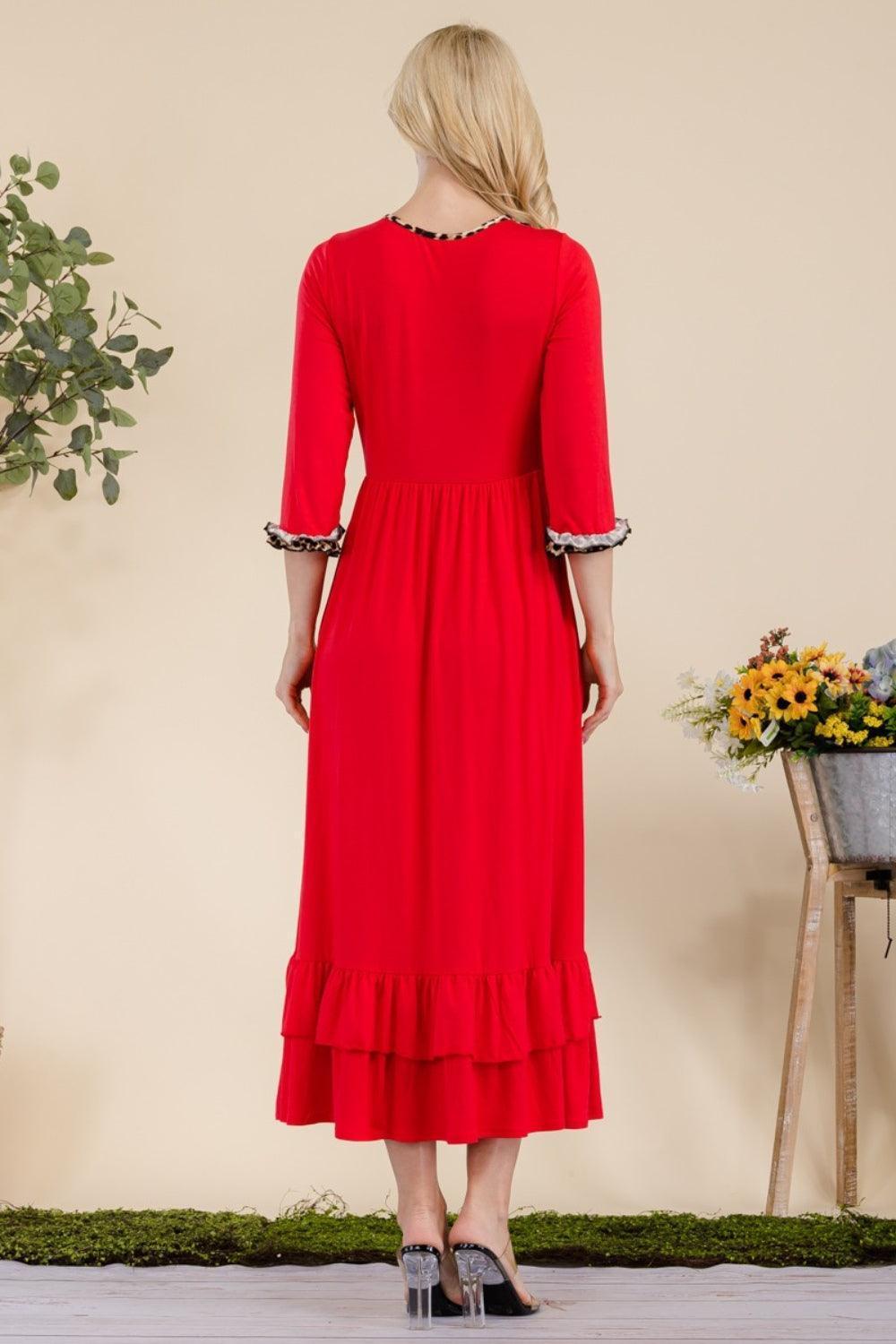 Celeste Full Size Leopard Ruffle Detail Midi Dress - ClubOn