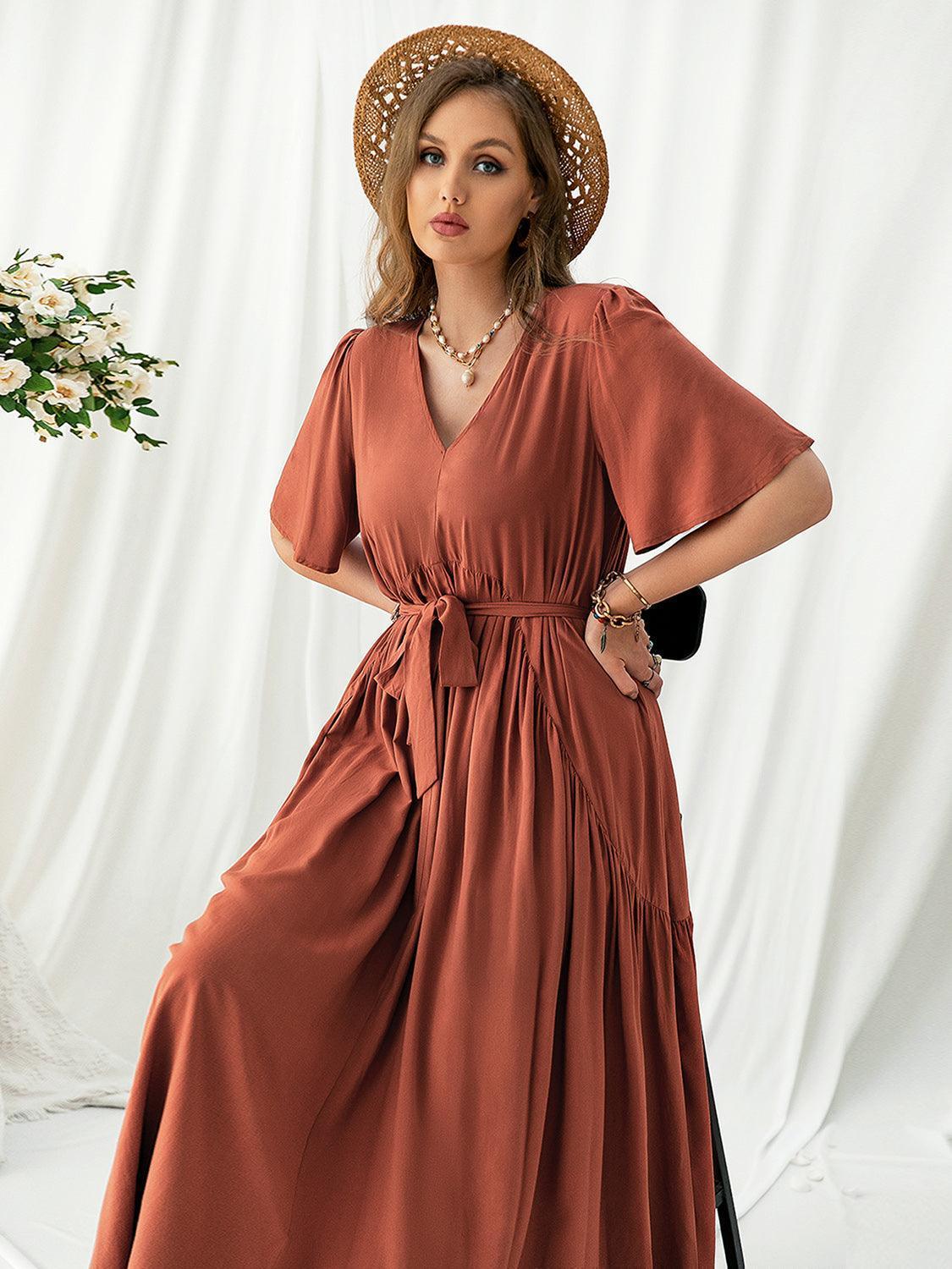Plus Size V-Neck Flutter Sleeve Midi Dress - ClubOn